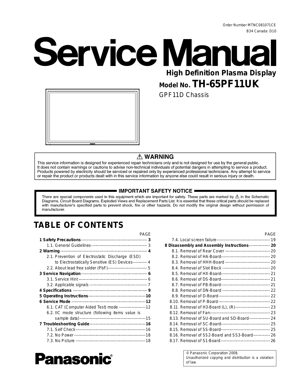 Panasonic TH-65PF11UK Service manual