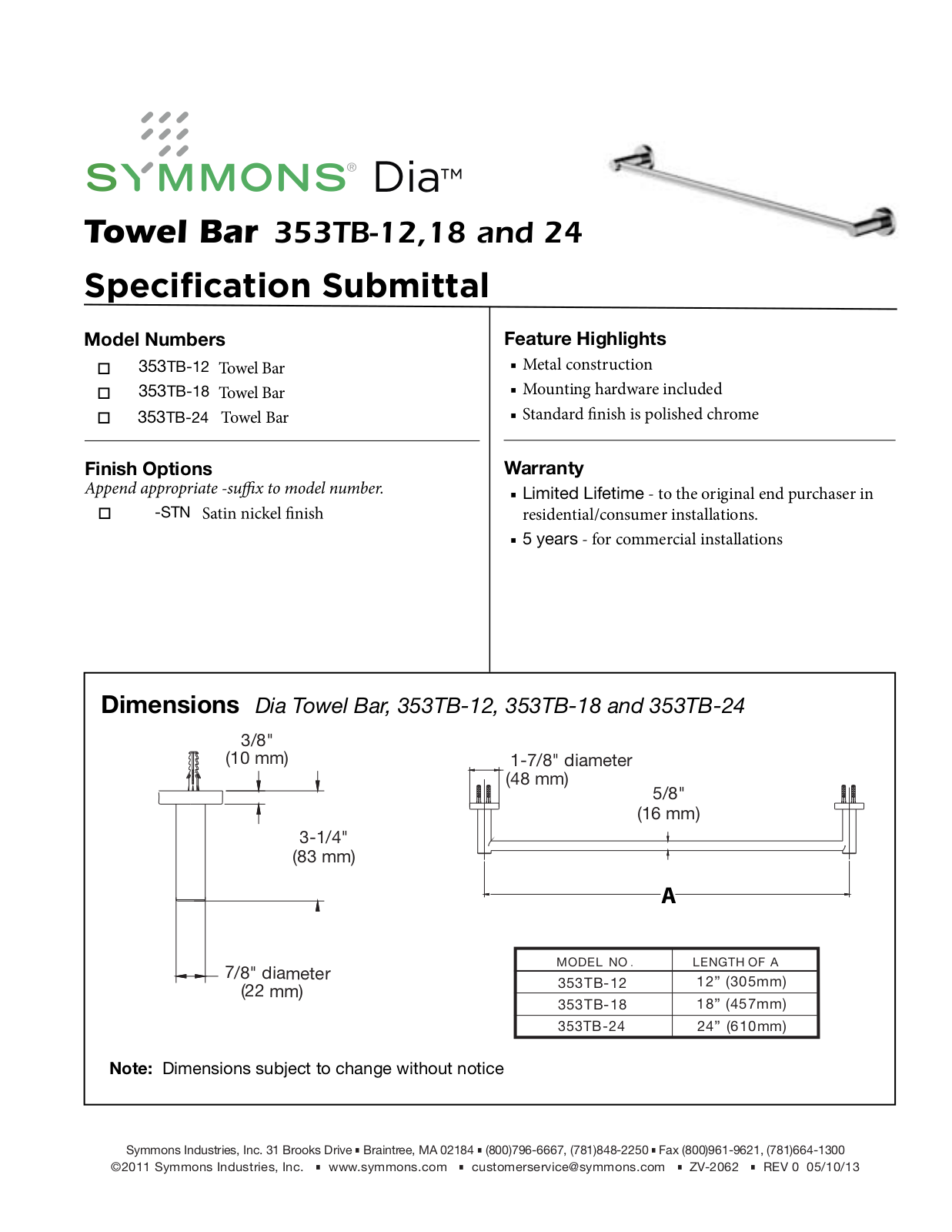 Symmons SYM1229 Specifications - ManualMachine.com