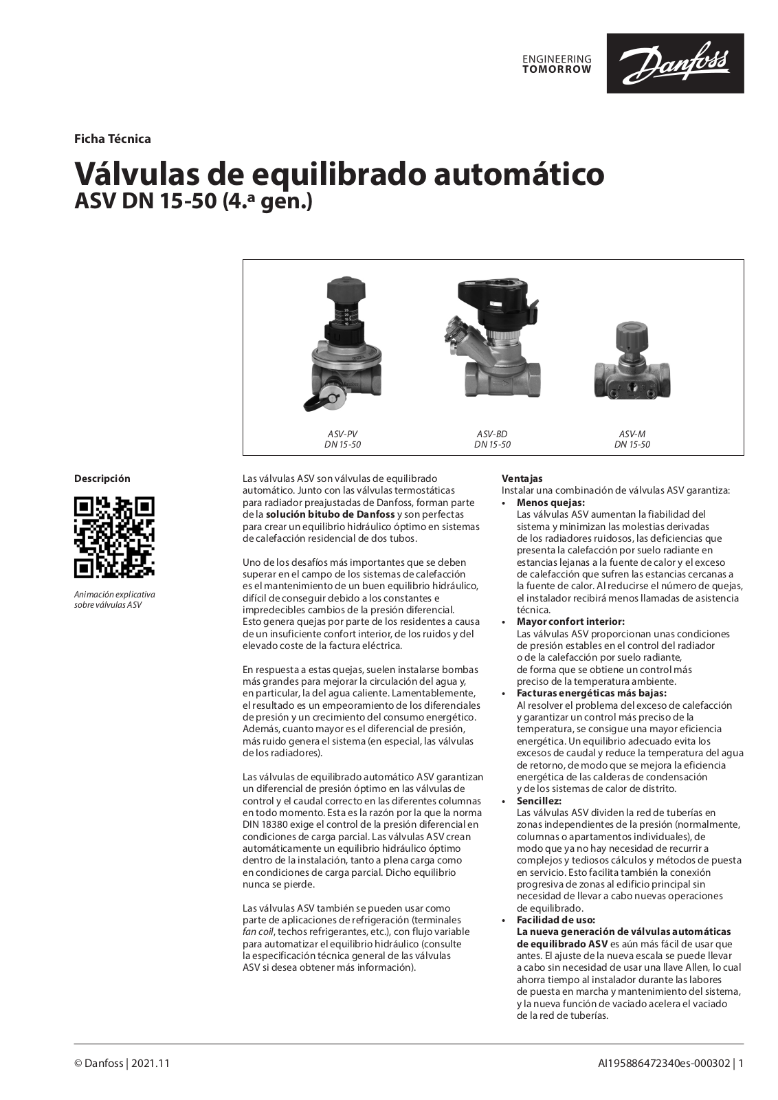 Danfoss ASV-PV DN 15-50, ASV-BD DN 15-50, ASV-M DN 15-50 Data sheet