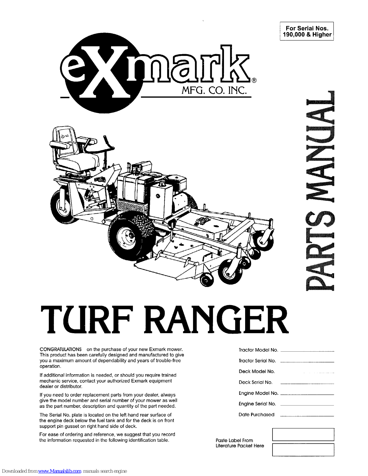 Exmark Turf Ranger Parts Manual