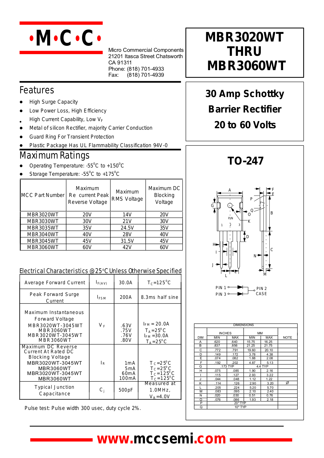 MCC MBR3020WT, MBR3035WT, MBR3030WT, MBR3060WT Datasheet