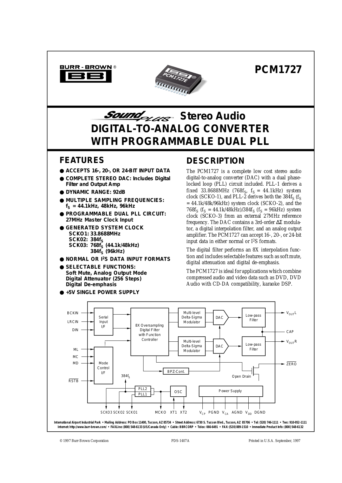 Burr Brown PCM1727E, PCM1727E-2K Datasheet