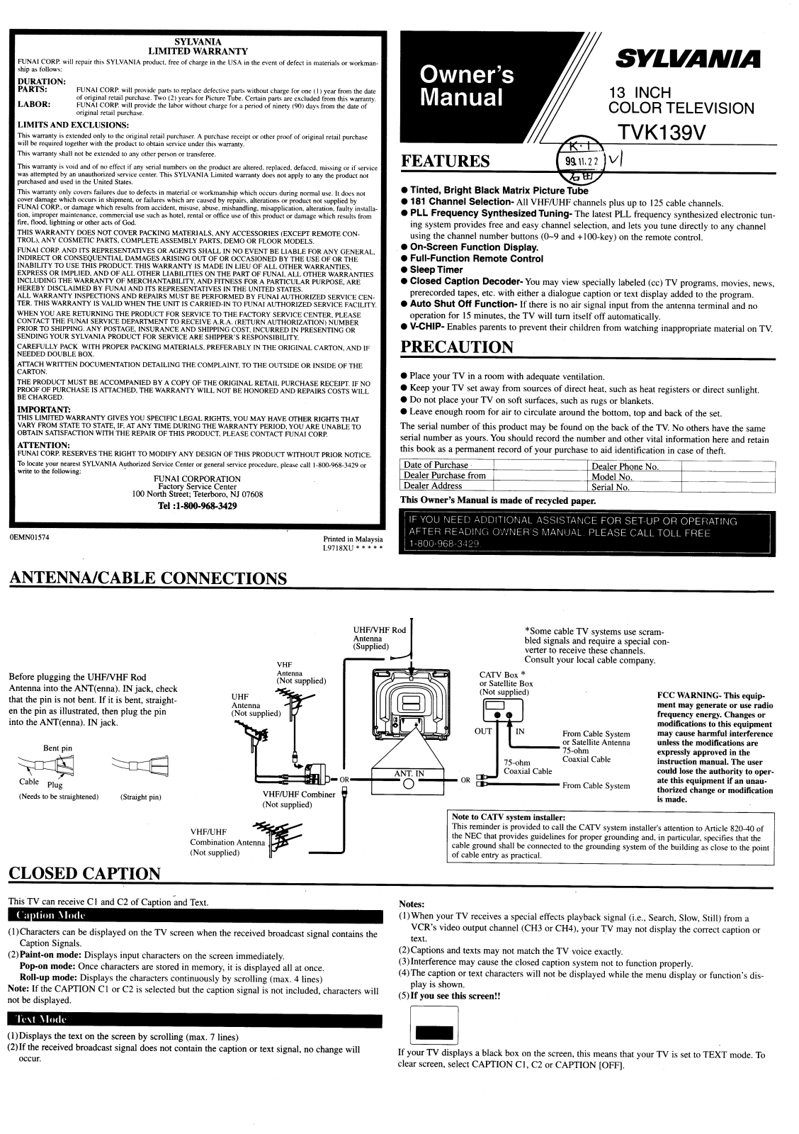 Sylvania TVK139V User Manual