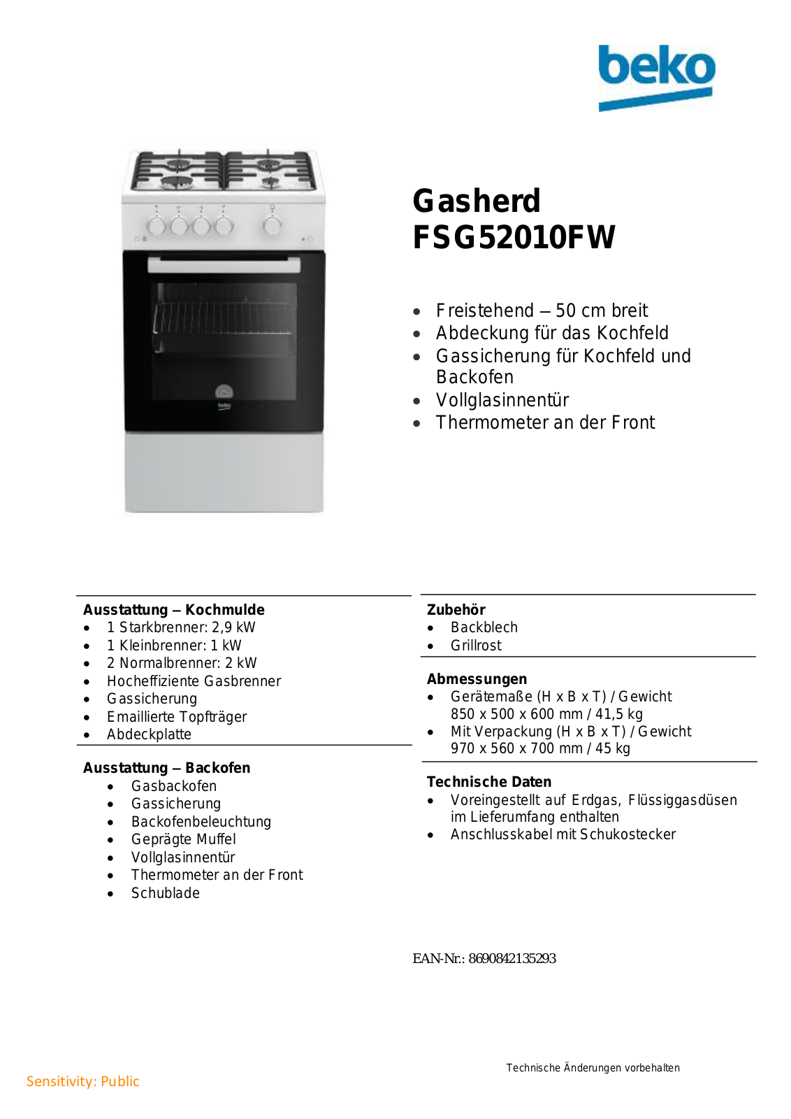 BEKO FSG52010FW Technical data