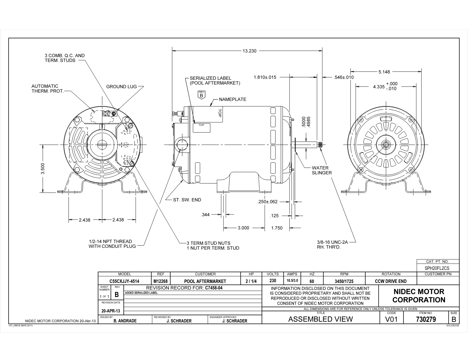 US Motors SPH20FL2CS Dimensional Sheet - ManualMachine.com