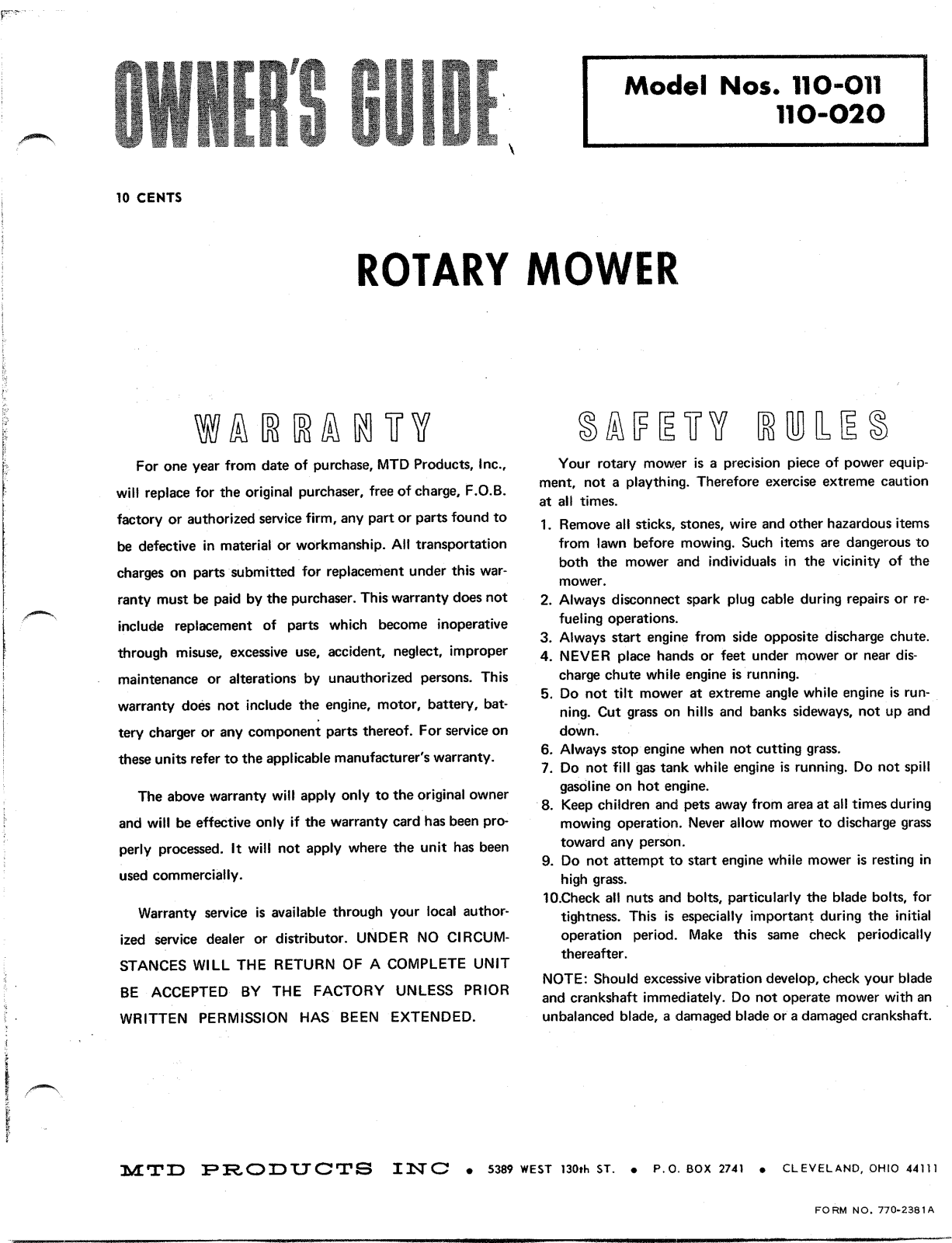 MTD 110-020 User Manual