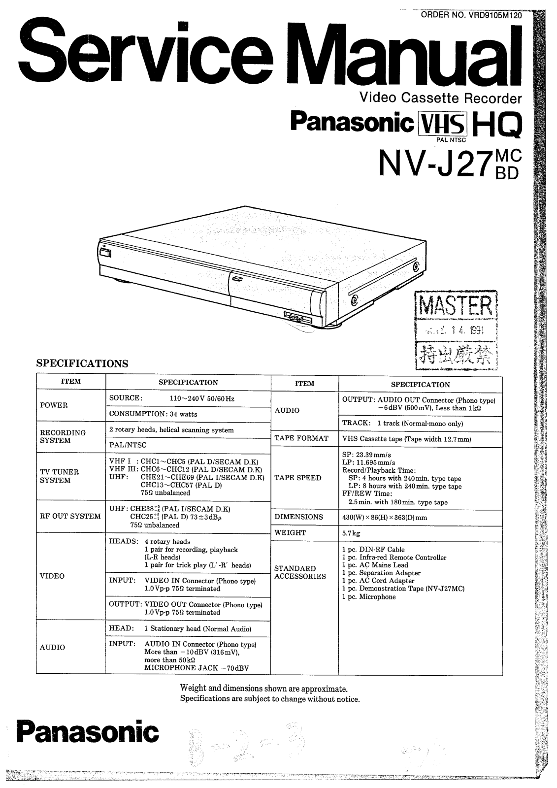 PANASONIC NV-J27 Service Manual
