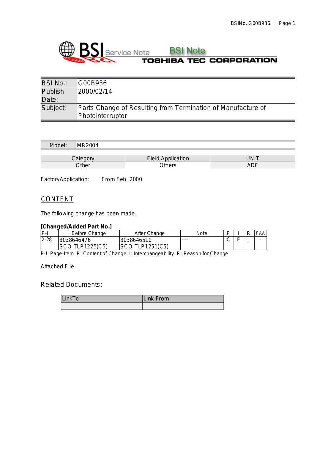 Toshiba g00b936 Service Note