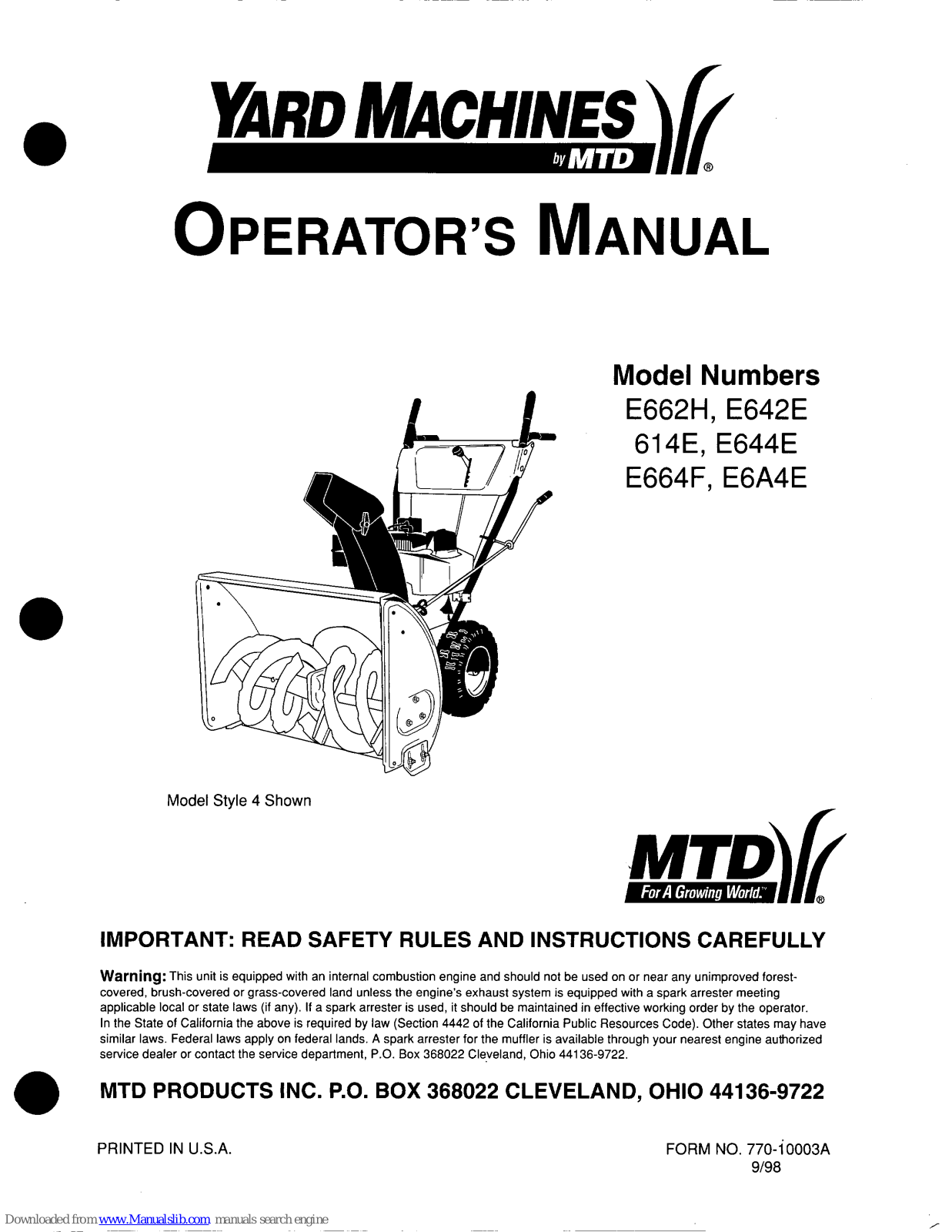 Yard Machines E662H, E6A4E, E614E, E642E, E664F Operator's Manual