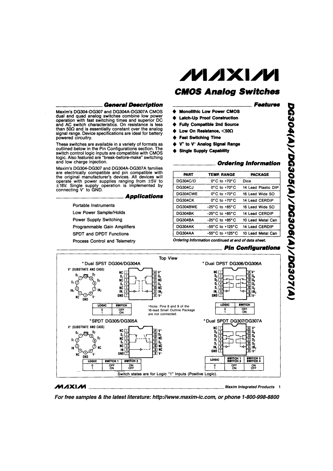 Maxim Integrated Producs DG307CJ, DG307CD, DG307BWE, DG307BK, DG307AK Datasheet