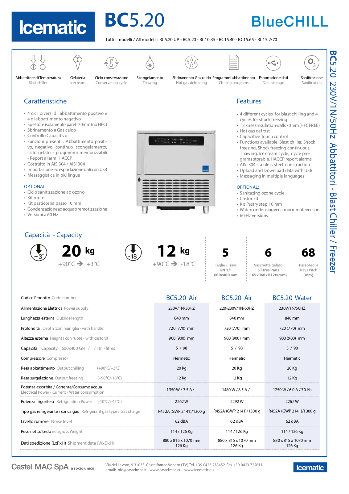 Icematic BC5.20 Air, BC5.20 Water, BC5.20UP Air, BC5.20UP Water, BC10.35 Air Datasheet