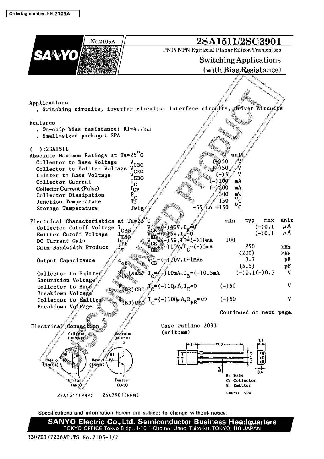 Sanyo 2SC3901 Specifications