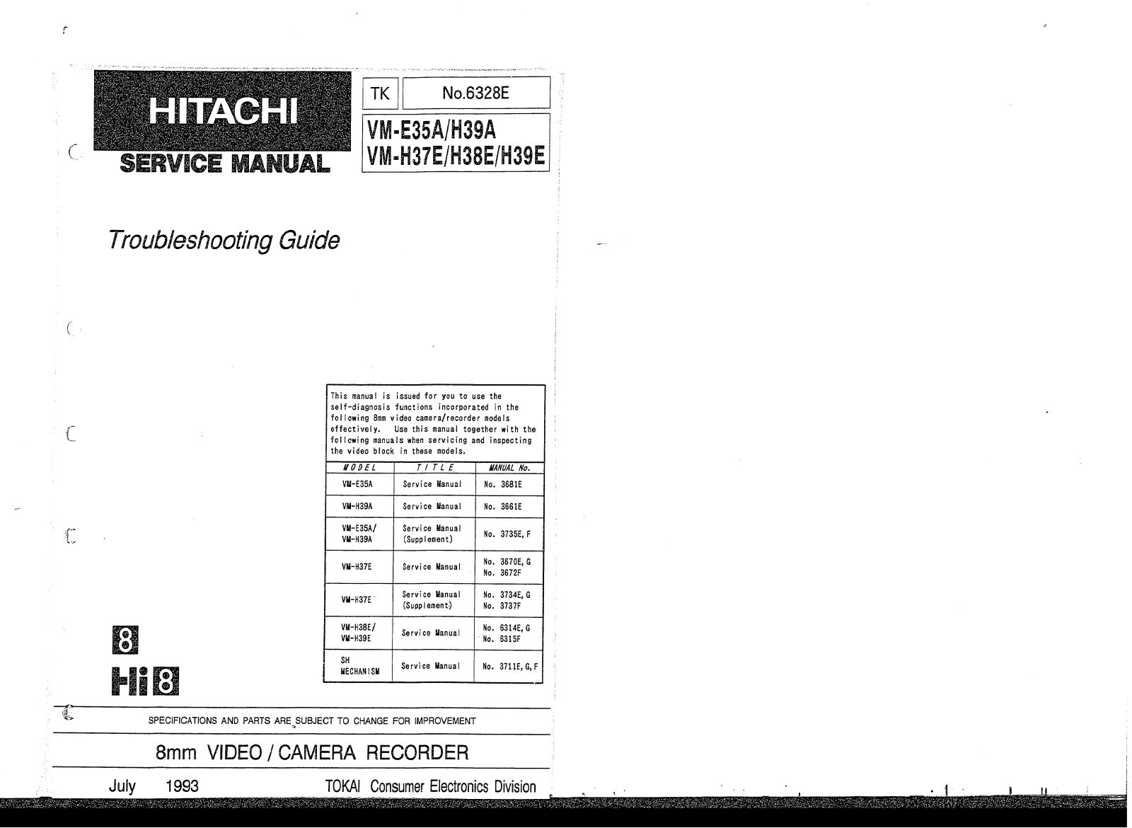 Hitachi VM-H39A, VM-H38E, VM-H39E, VM-H37E, VM-H35A User Manual