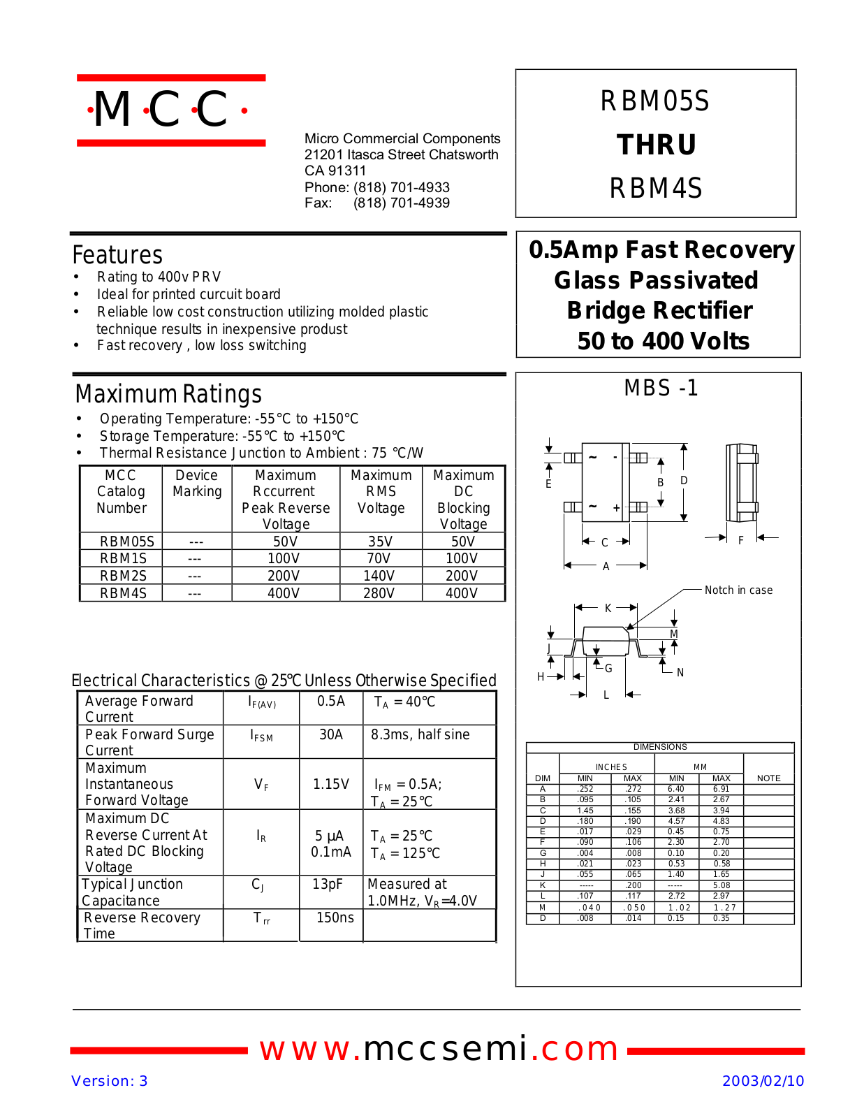 MCC RBM05S, RBM1S, RBM2S, RBM4S Datasheet