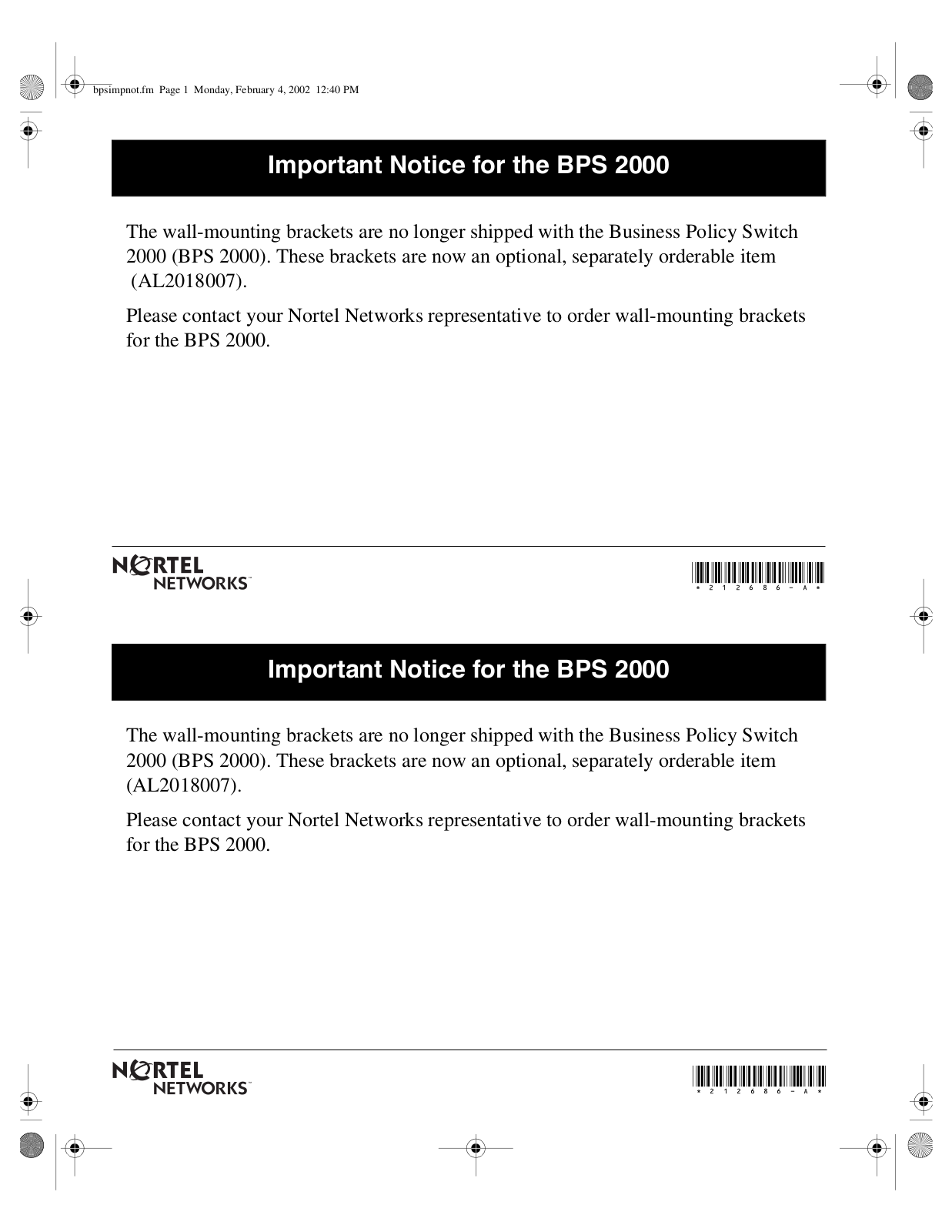 Avaya BPS 2000 Important Notice