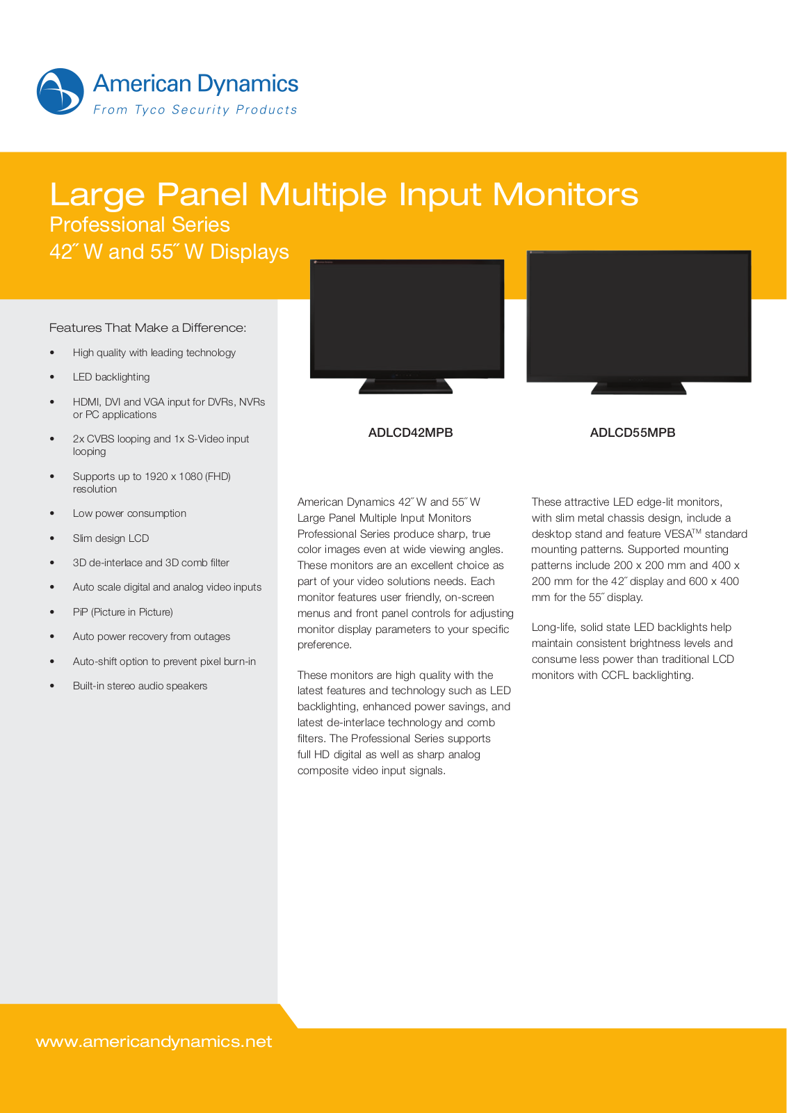American Dynamics ADLCD42MPB, ADLCD55MPB Specsheet