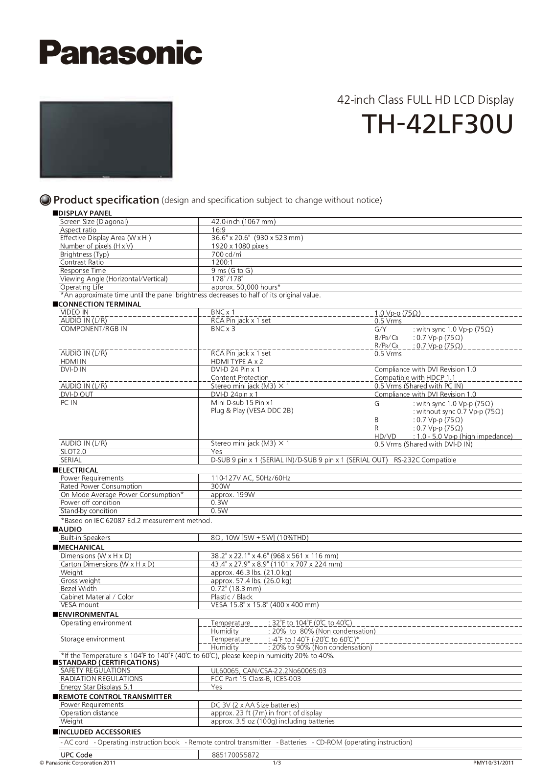 Panasonic TH-42LF30U Specification