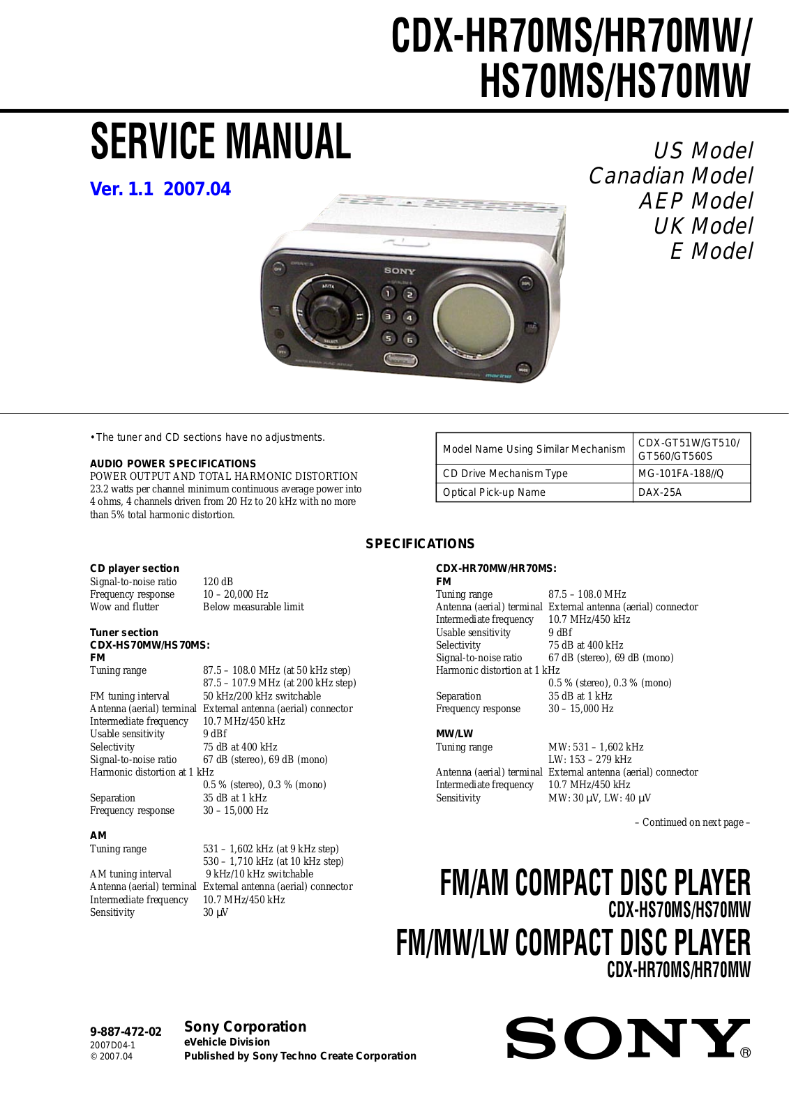 Sony CDXHR-70-MS, CDXHS-70-MW, CDXHS-70-MS, CDXHR-70-MW Service manual