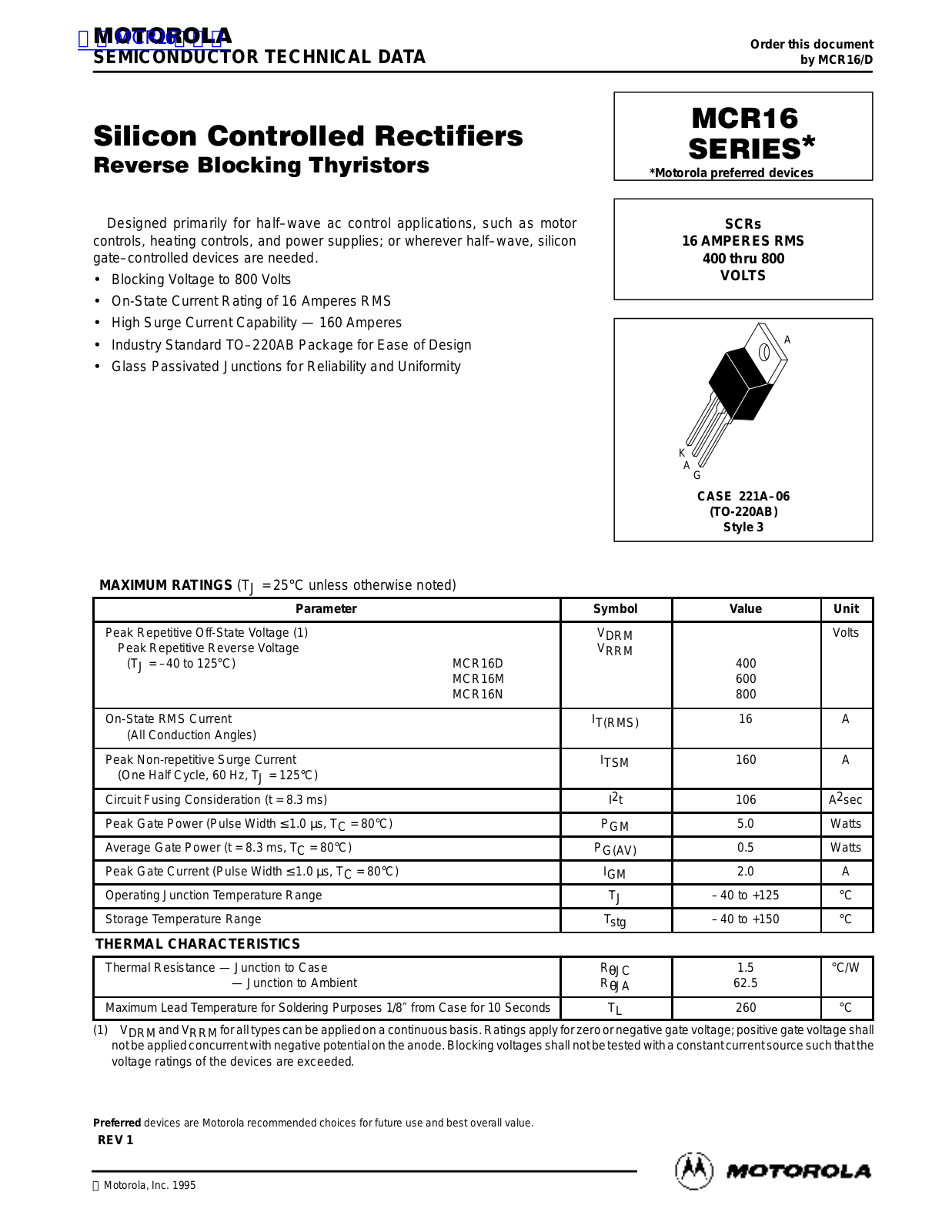 MOTOROLA MCR16 Technical data