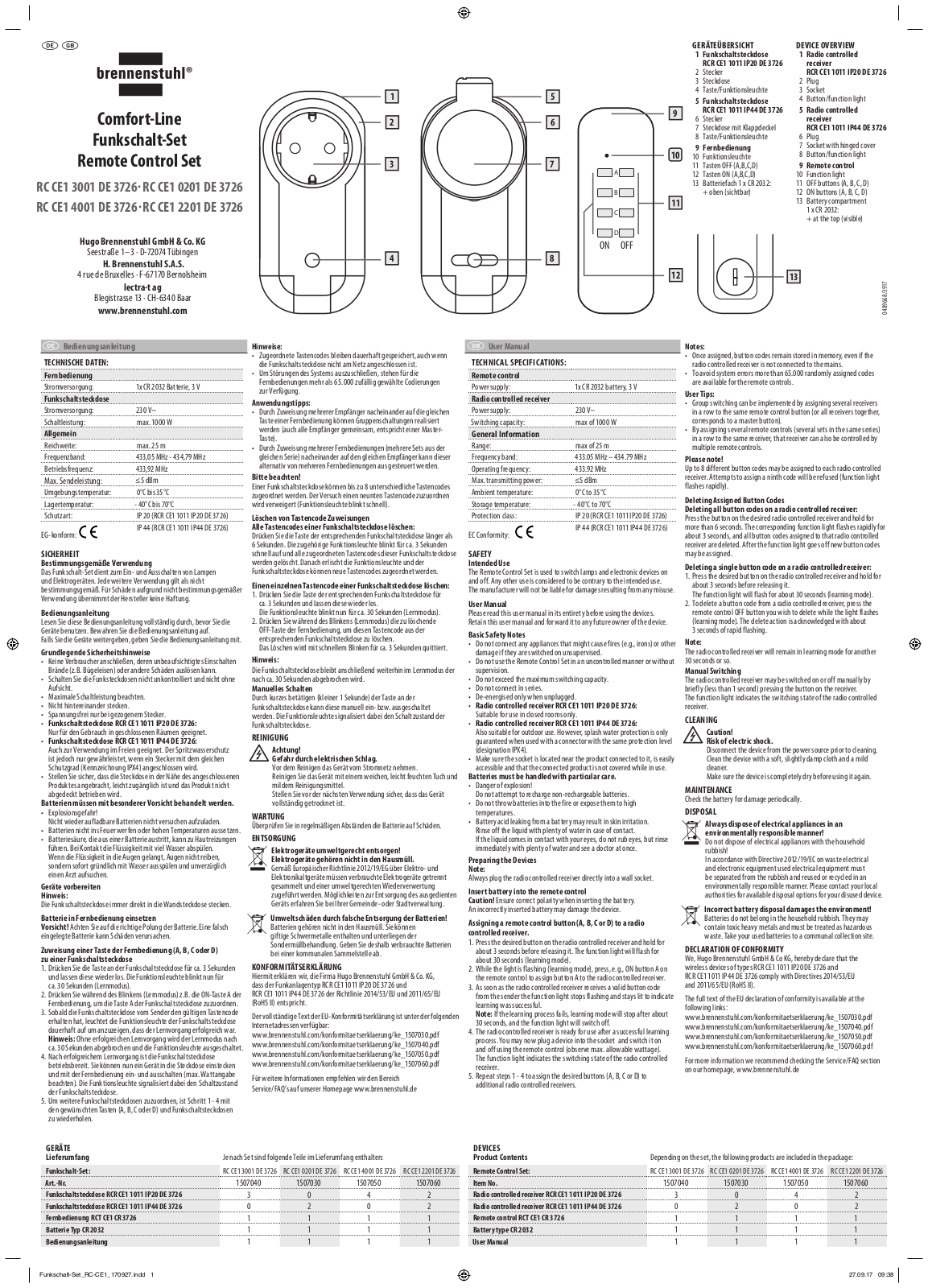 Brennenstuhl RC CE1 3001, RC CE1 0201, RC CE1 4001, RC CE1 2201 User guide