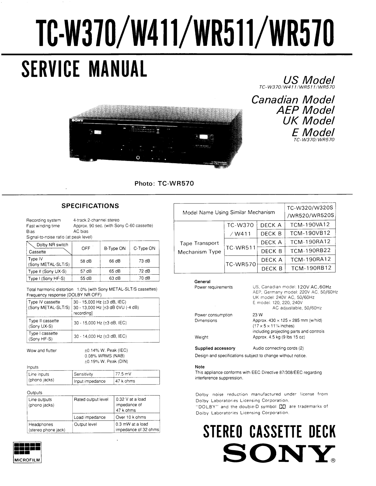 sony tc-w370, tc-w411, tc-wr511, tc-wr570 Service Manual