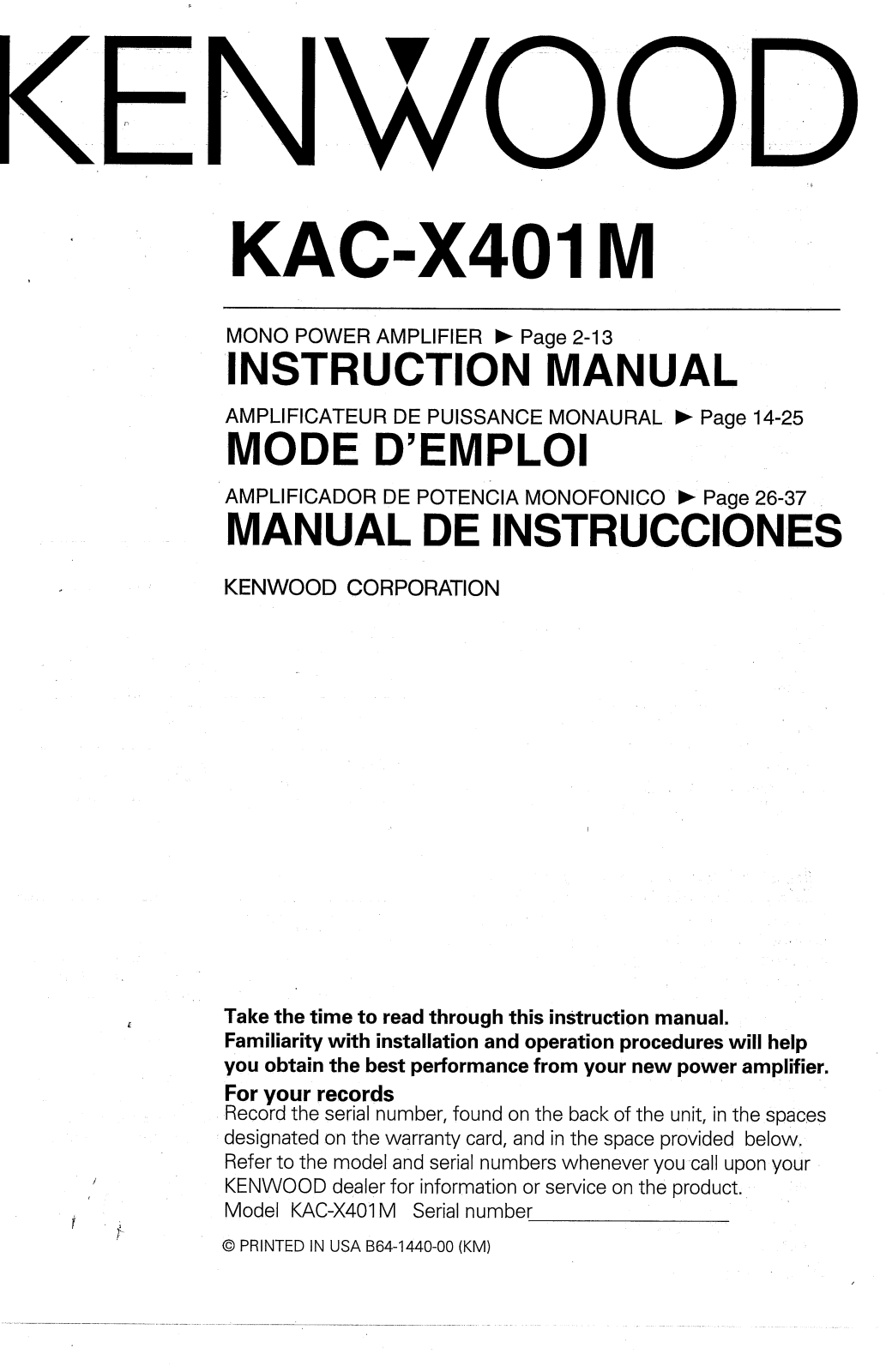 Kenwood KAC-X401M Owner's Manual