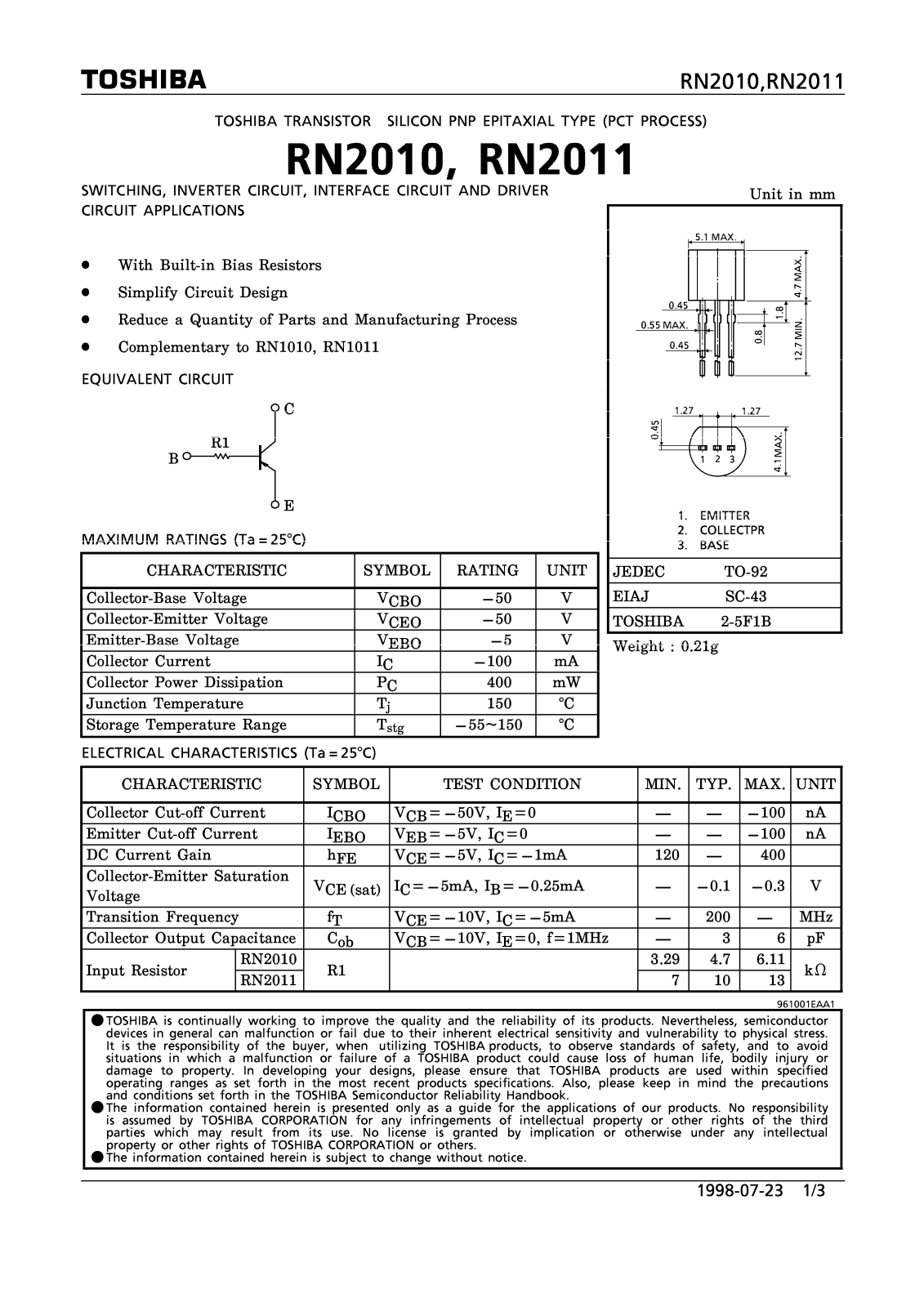 TOSHIBA RN2010, RN2011 Technical data