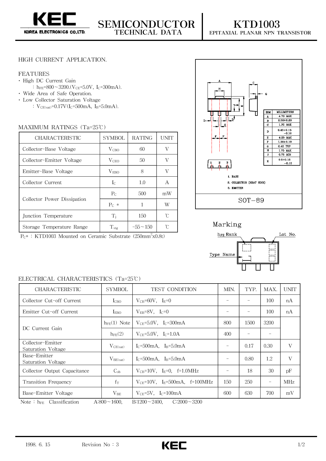 KEC KTD1003 Datasheet