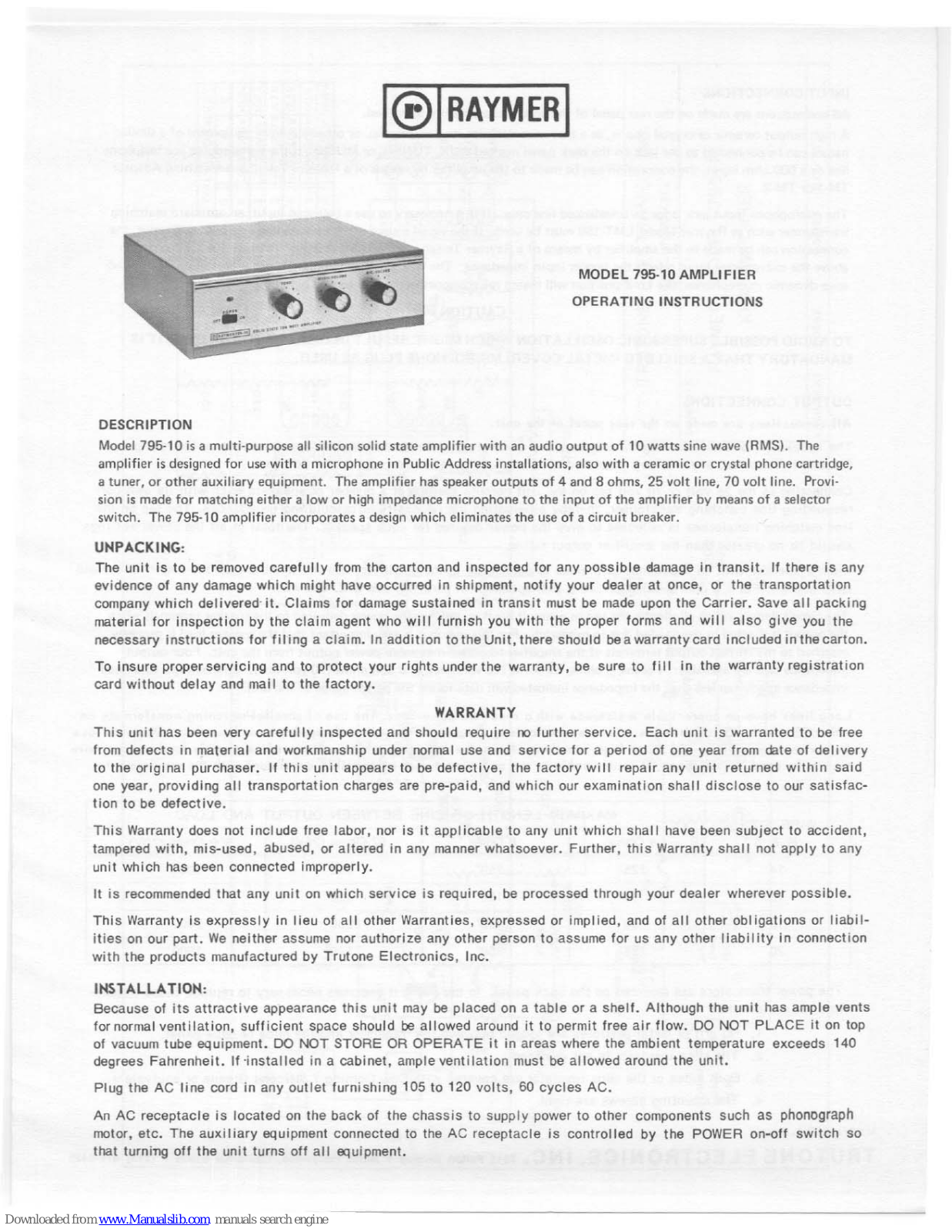 Raymer Amplifier 795-10 Operating Instructions Manual