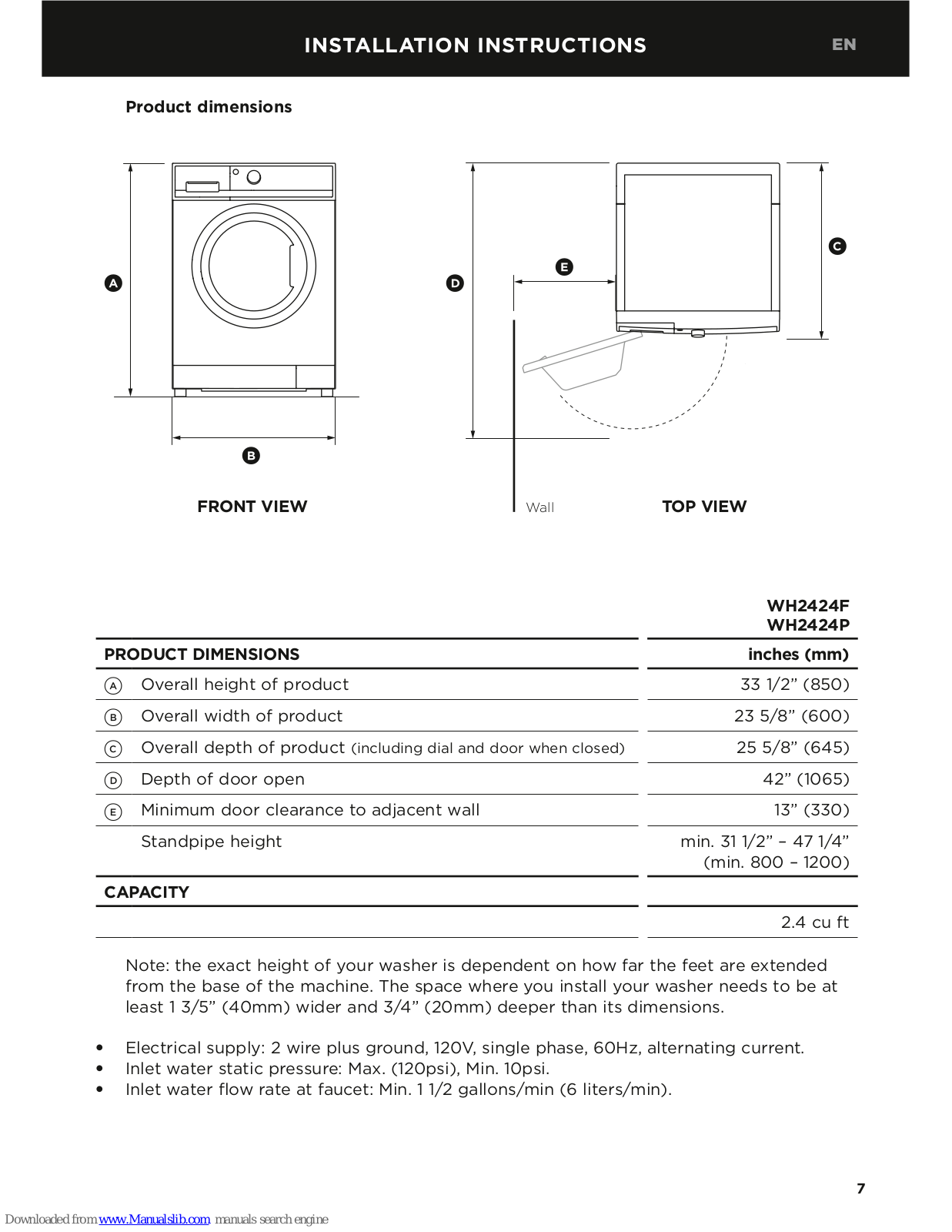 Fisher & Paykel WH2424F, WH2424P Installation Instructions Manual