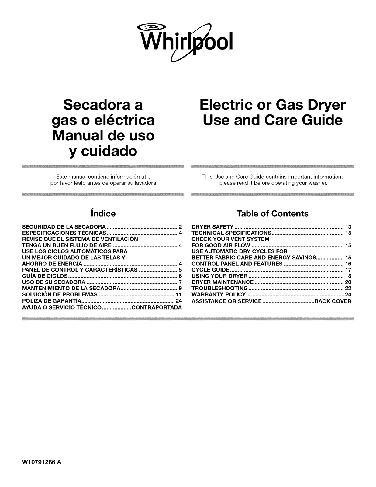 Whirlpool 7MWGD2150EN0, 7MWGD1950EI0, 7MWGD1850EI0, 7MWGD1750EQ0, 7MWED1650EQ0 Owner’s Manual