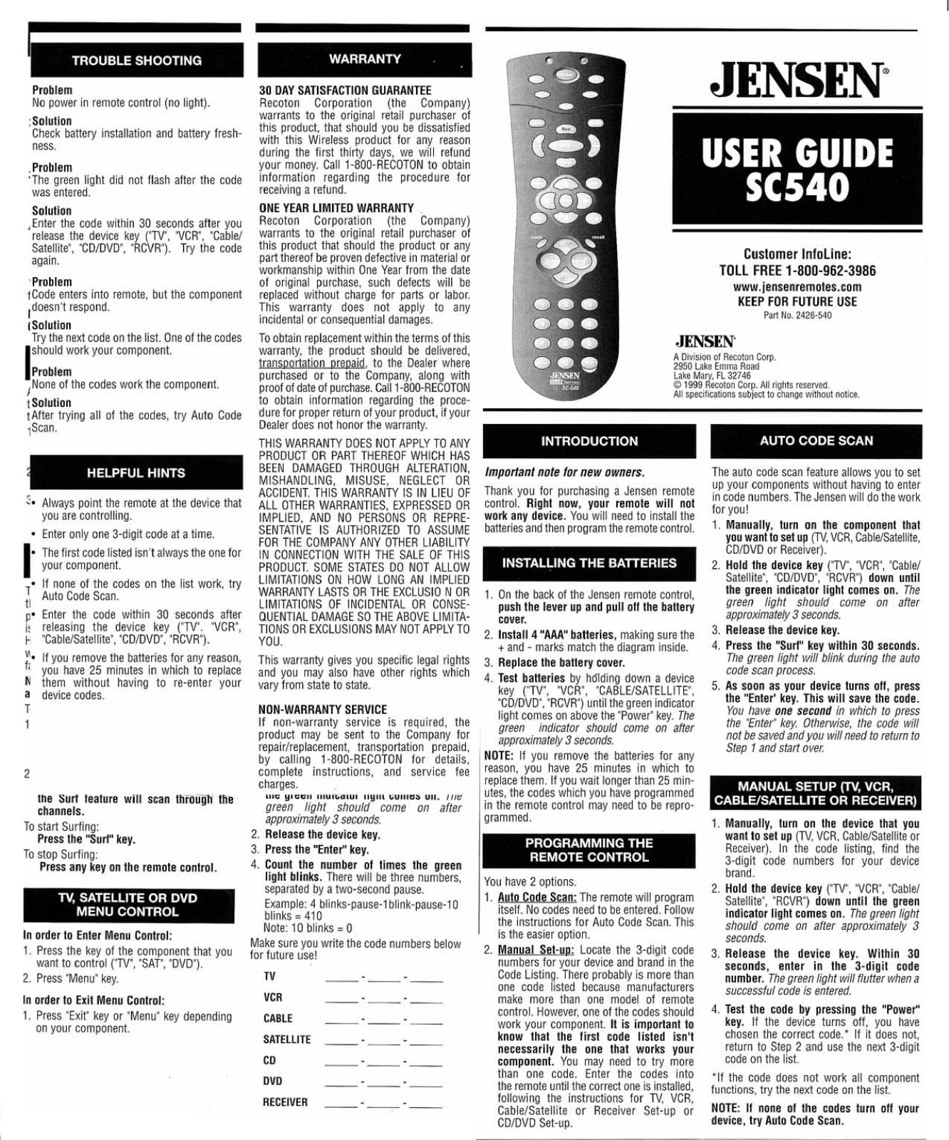 Jensen SC540 User Manual