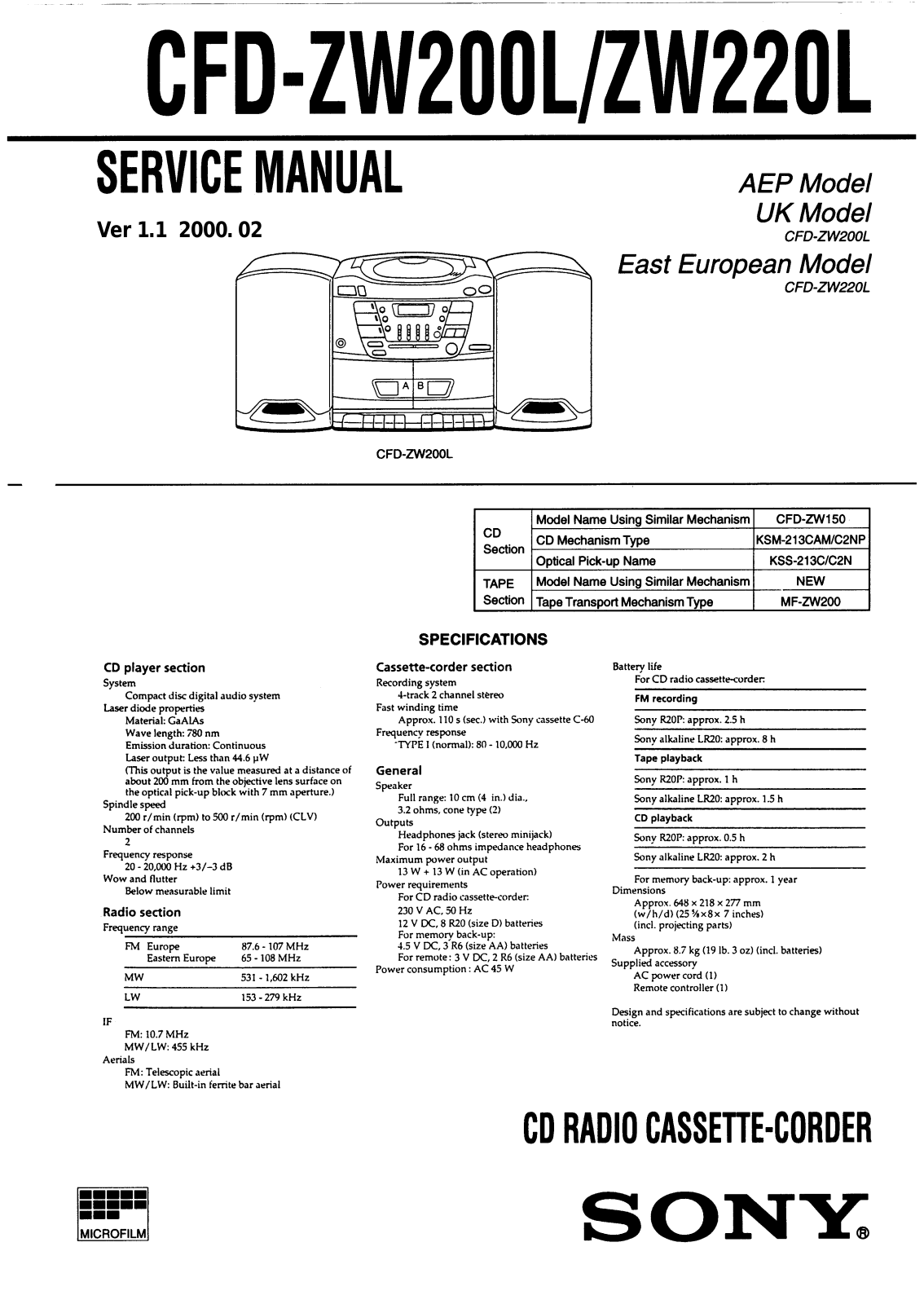 Sony CFDZW-220-L Service manual