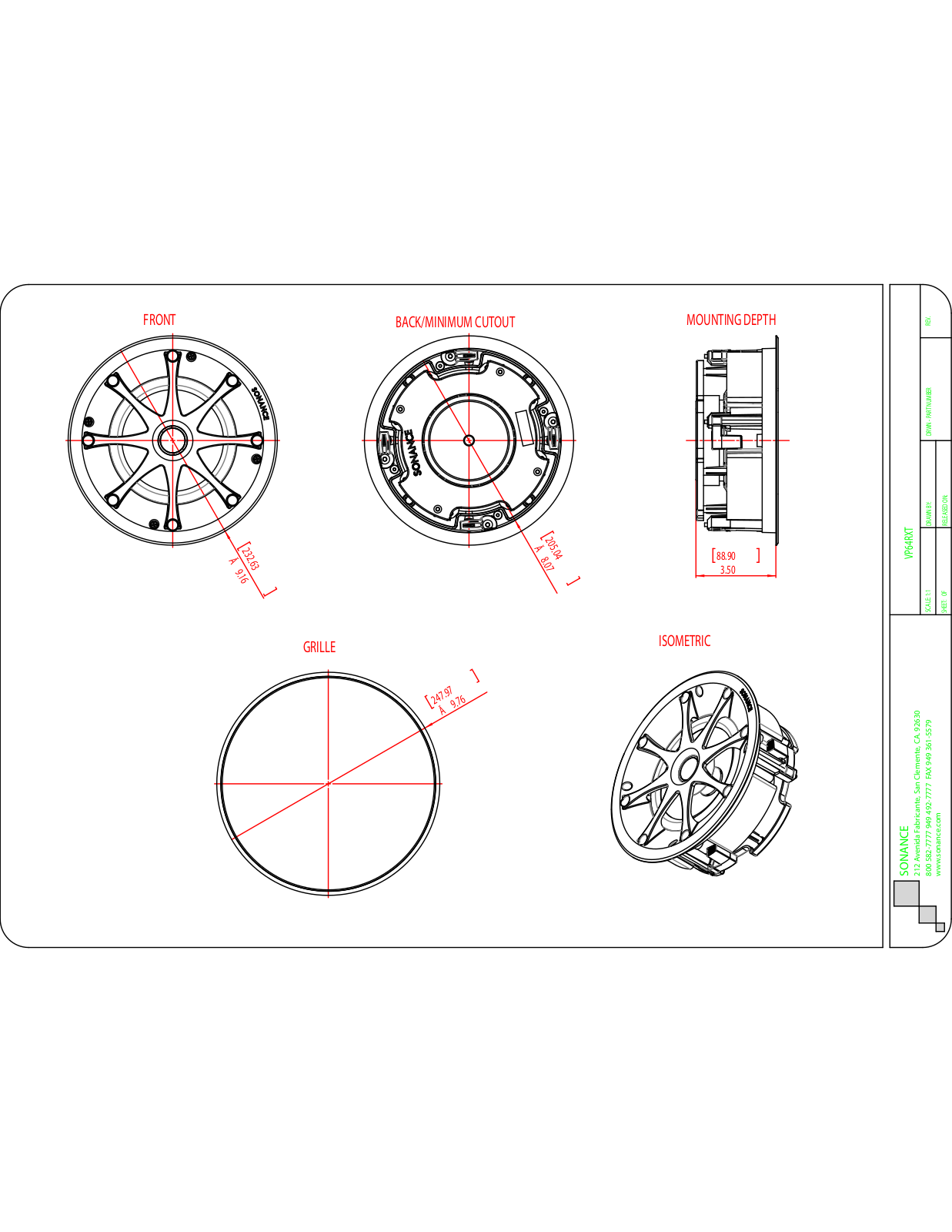 Sonance VP64RXT Specification Sheet & Dimensions Guide