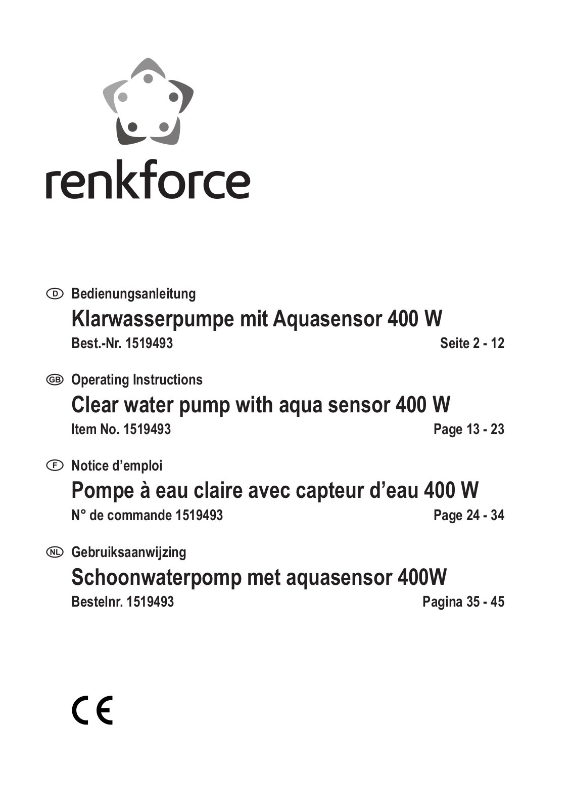 Renkforce Clear water pump with aqua sensor 400 W operation manual