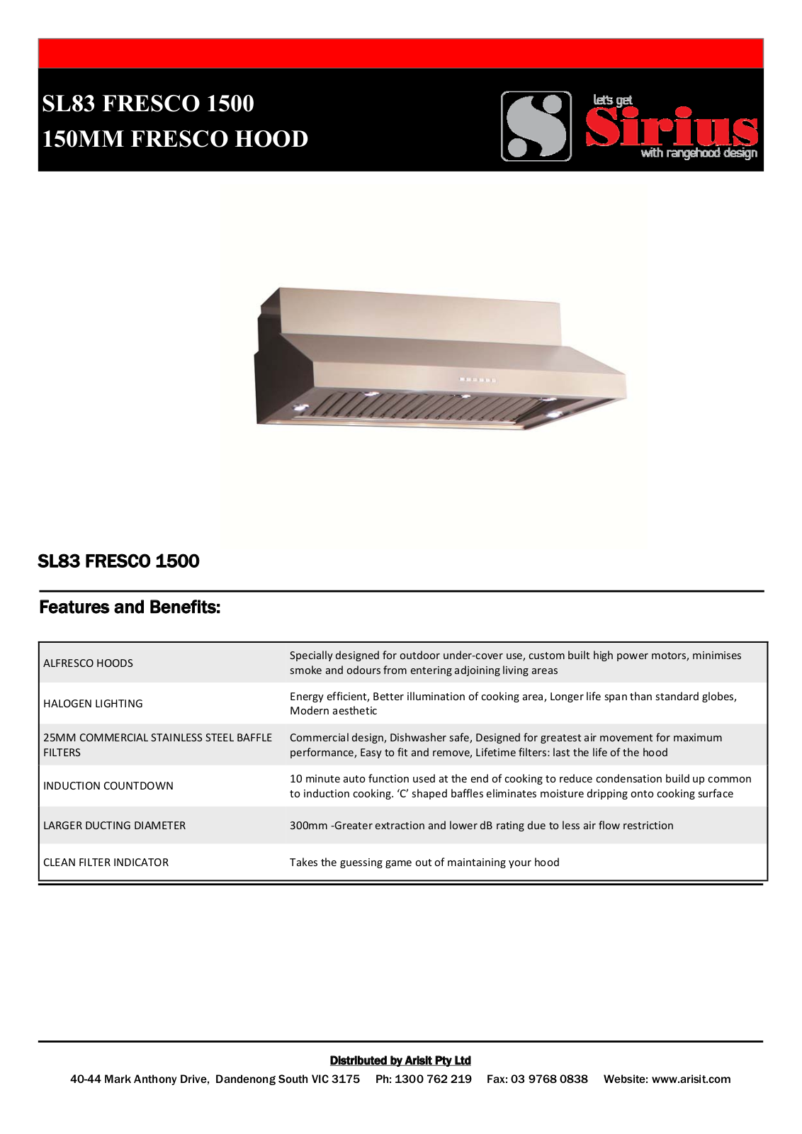 Sirius SL83FRESCO1500 Specifications Sheet