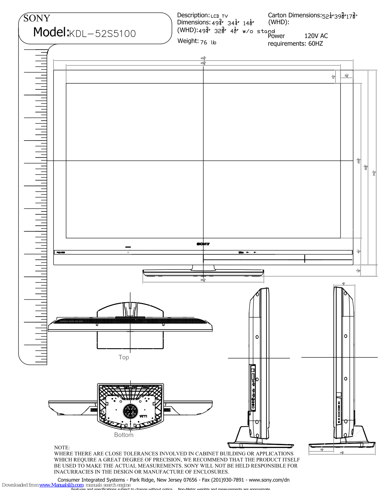 Sony KDL52S5100/9, KDL-52X5100 Dimensions