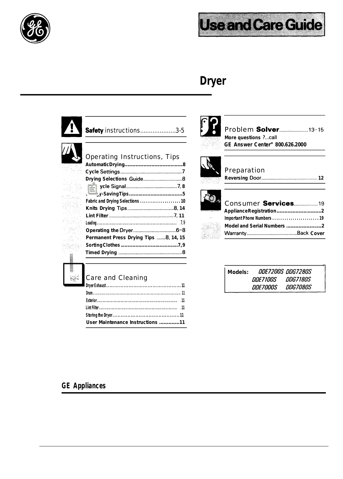 GE DDE7200S, DDG7280S, DDE7100S, DDG7180S, DDE7000S Use and Care Manual