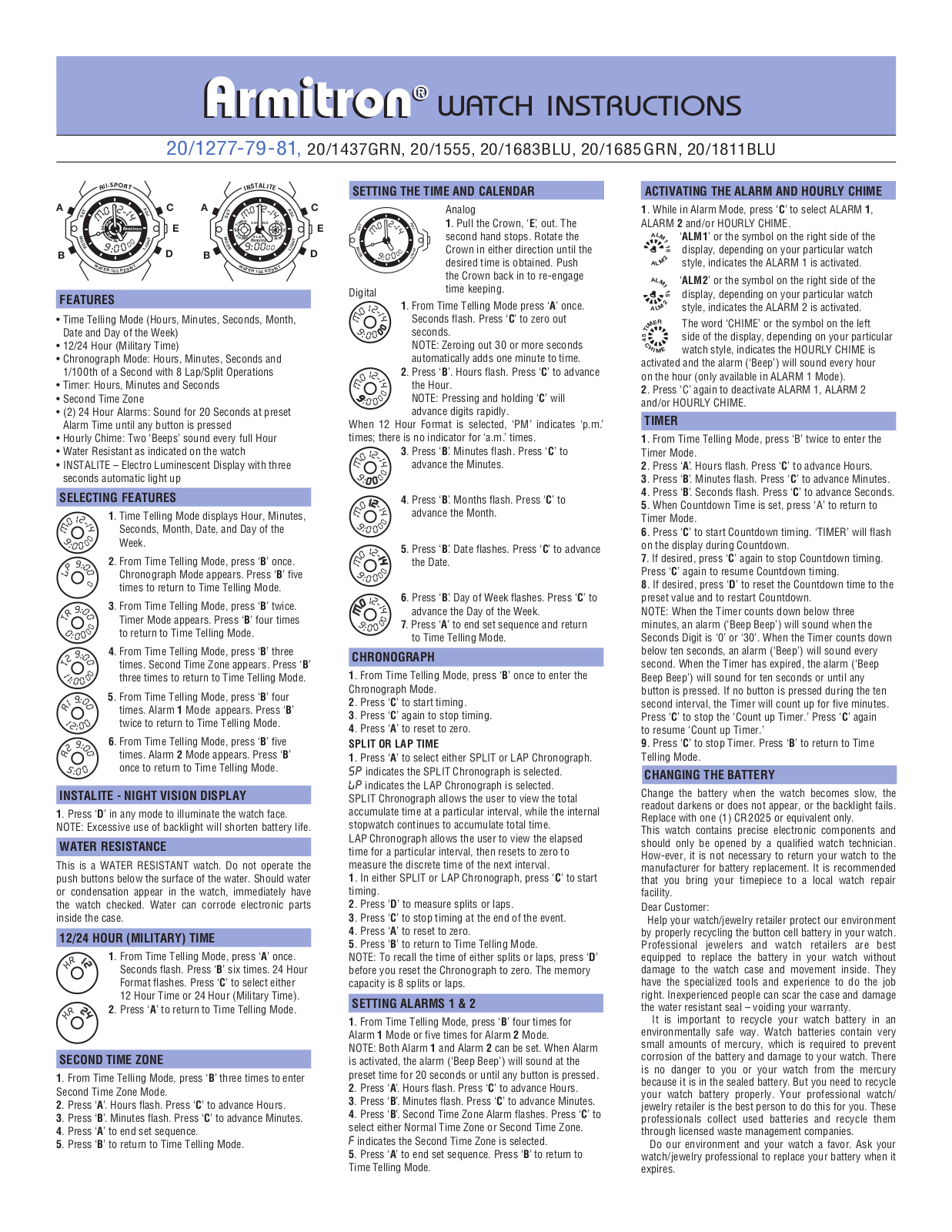 Armitron 20-1555, 20-1811BLU, 20-1685GRN, 20-1683BLU, 20-1277-79-81 User Manual