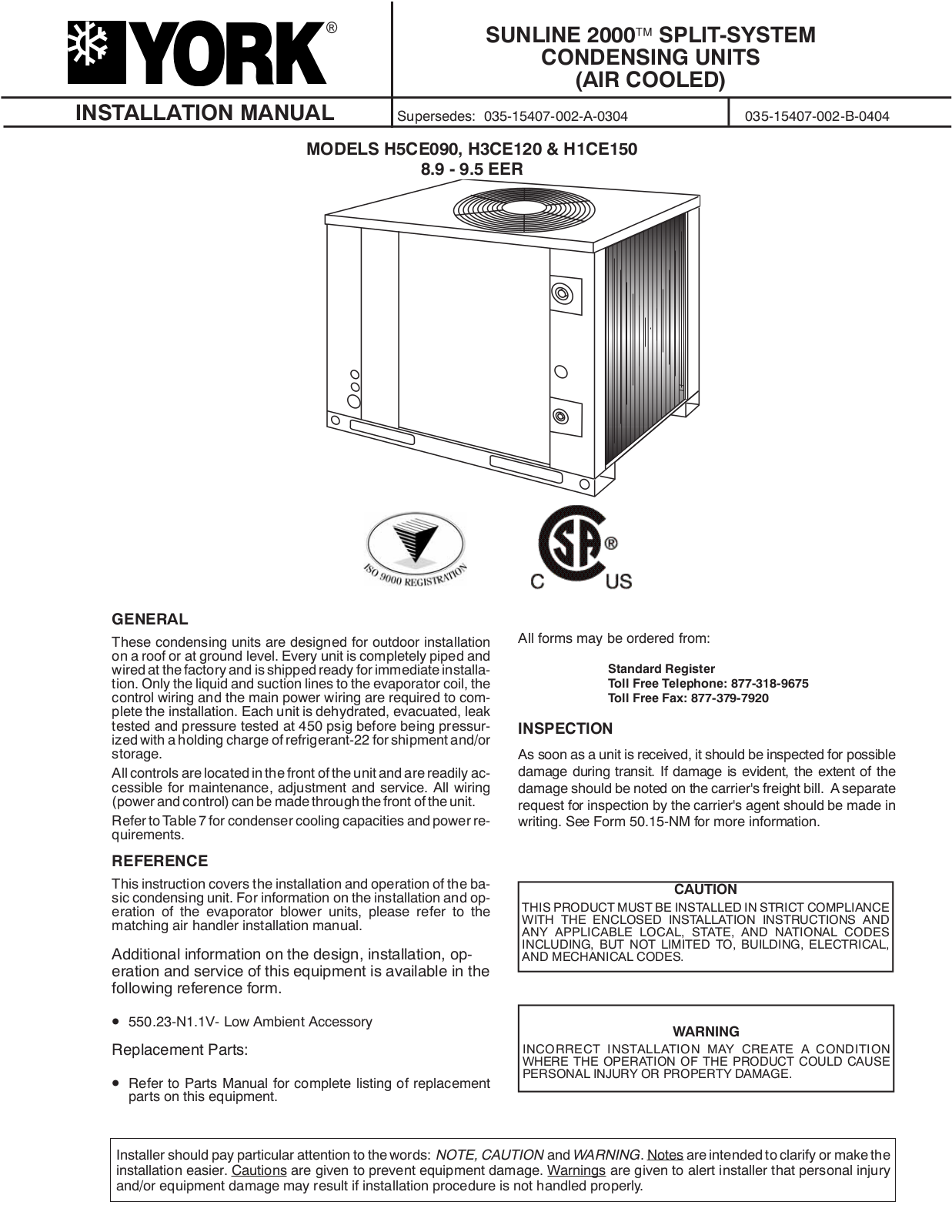 York H3CE120, H5CE090, H1CE150 User Manual