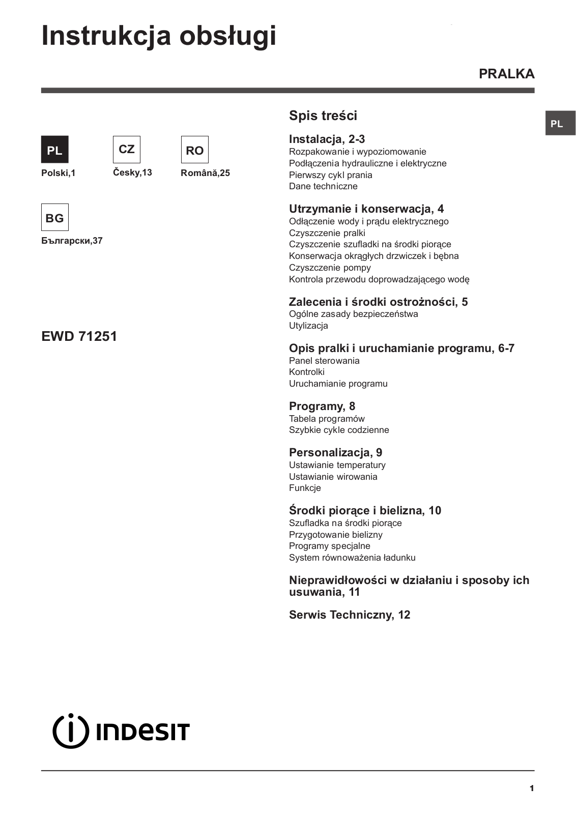 INDESIT EWD 71251 W EU User Manual