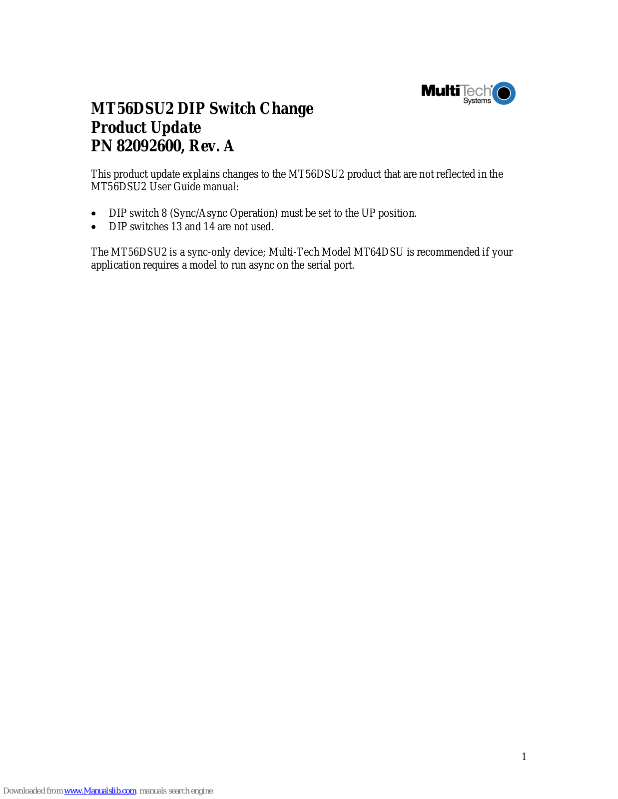 Multitech MT56DSU2 Documentation Update