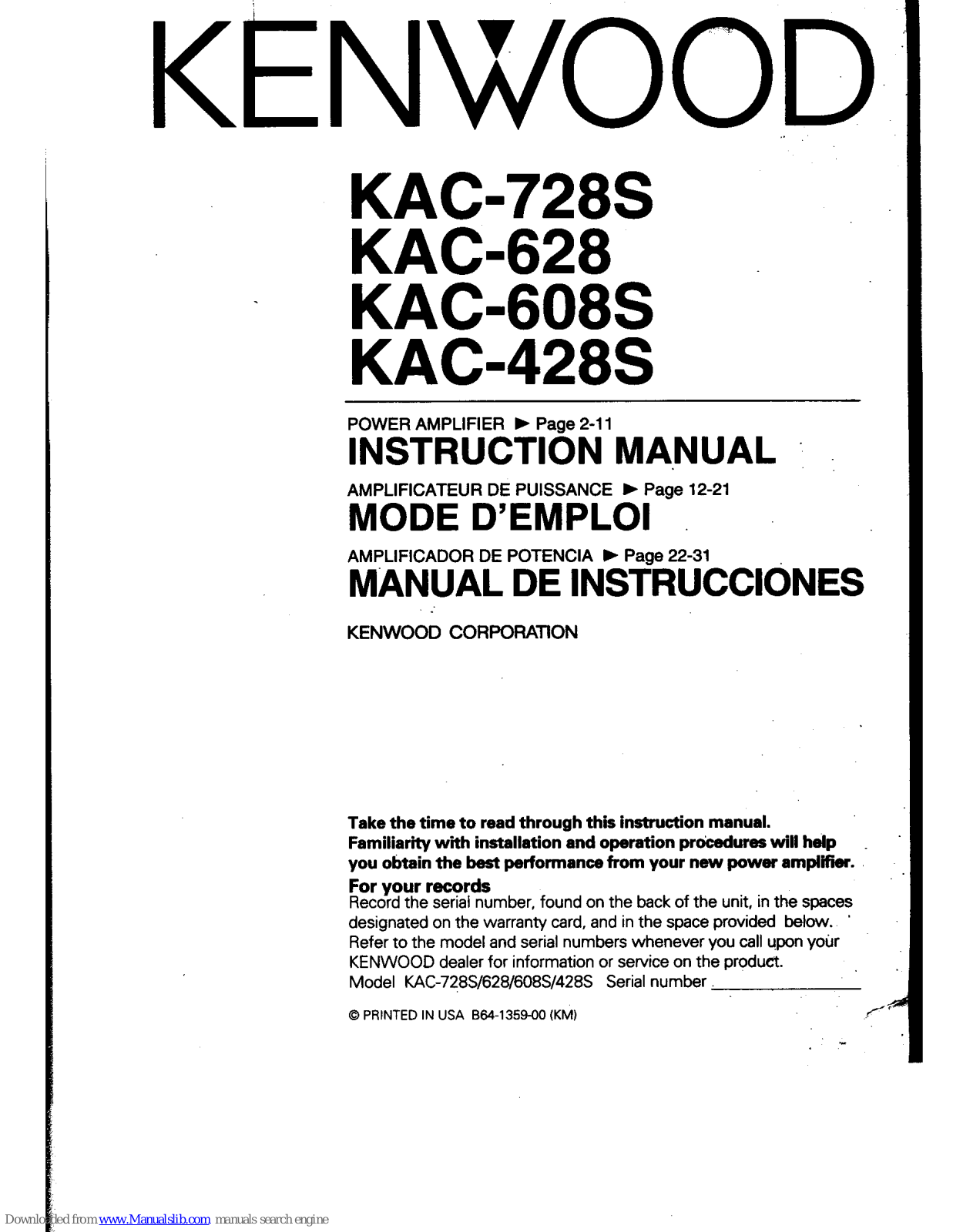 Kenwood KAC-428S, KAC-608S, KAC-628, KAC-428 Instruction Manual