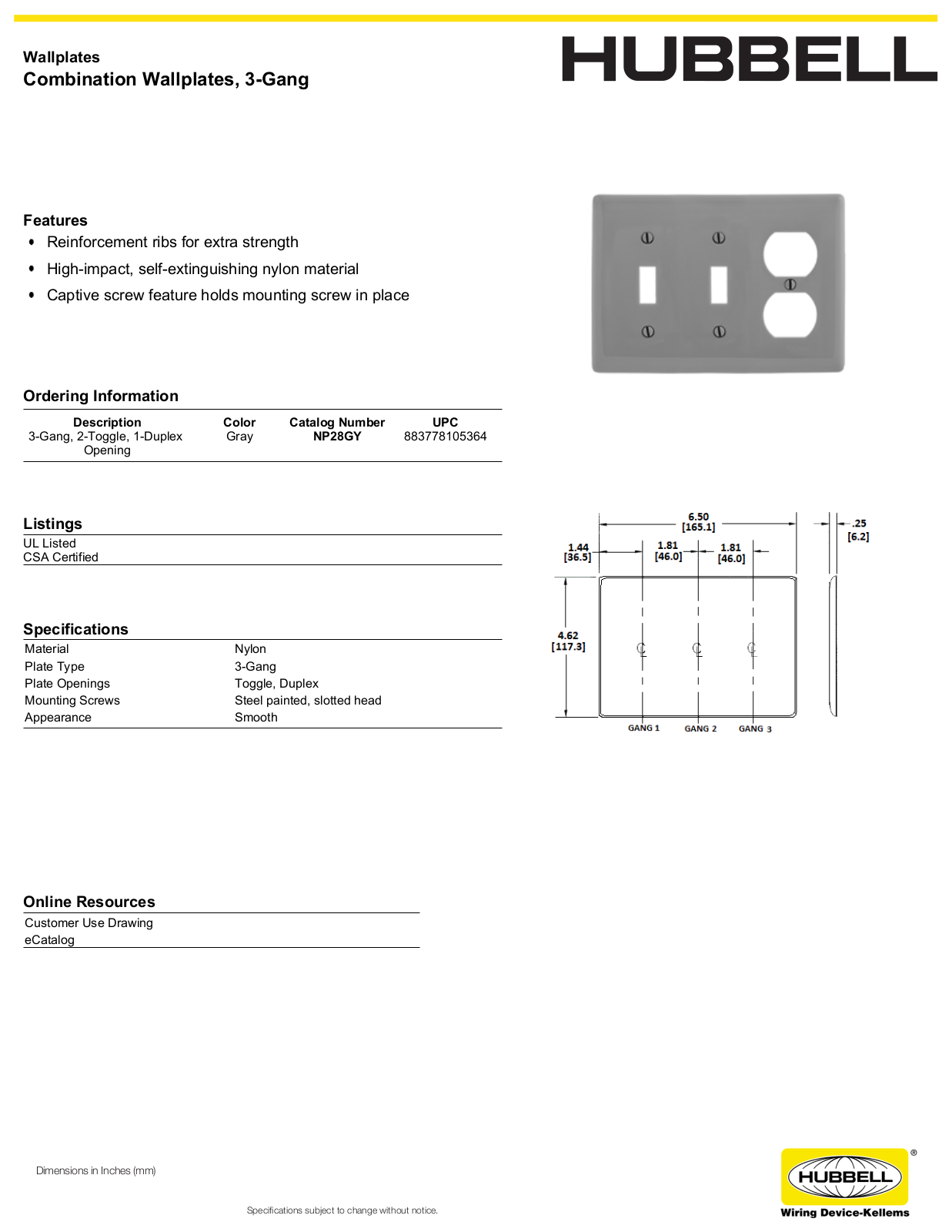 Hubbell NP28GY Specifications