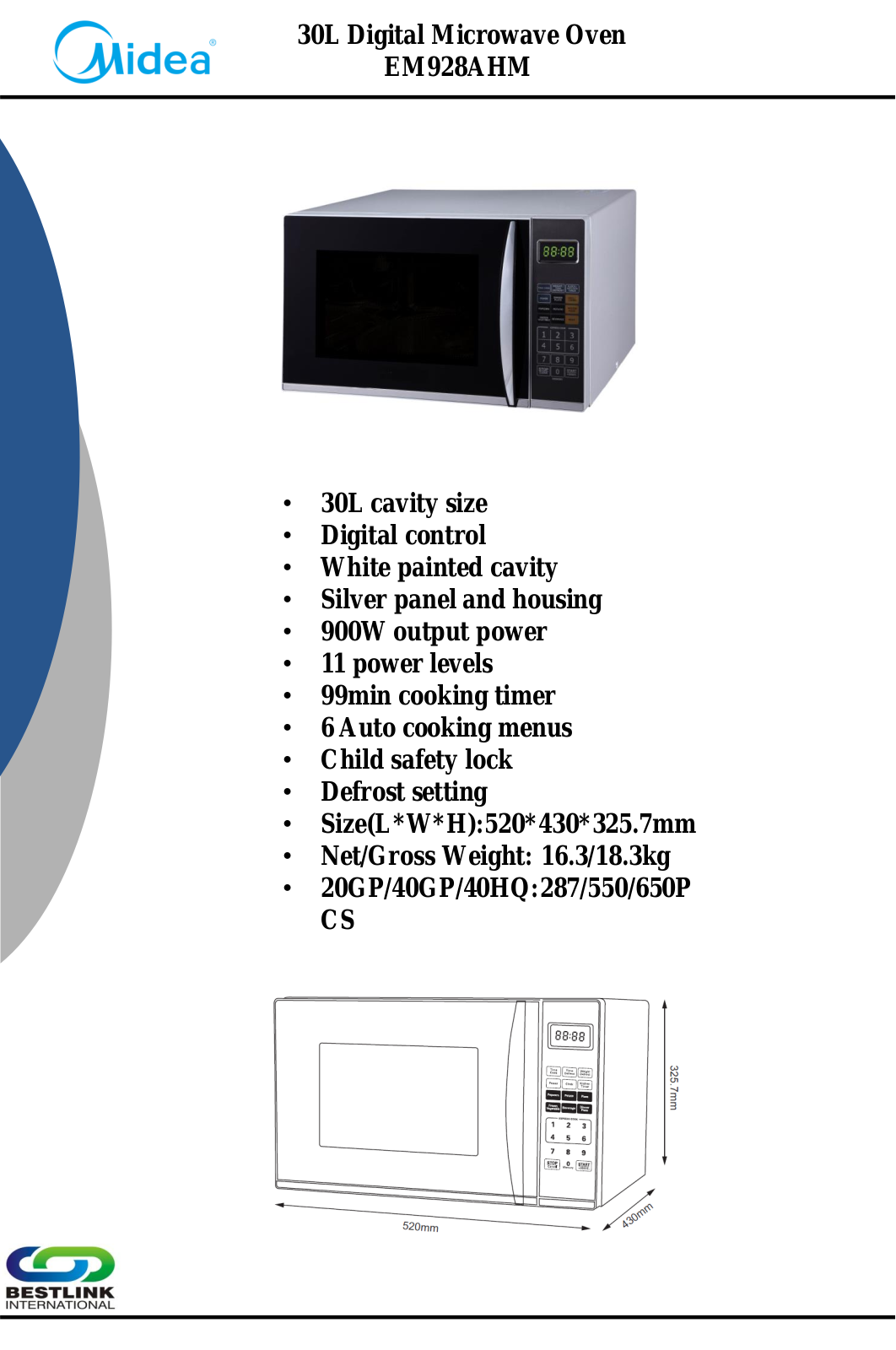 Midea EM928AHM Specifications Sheet