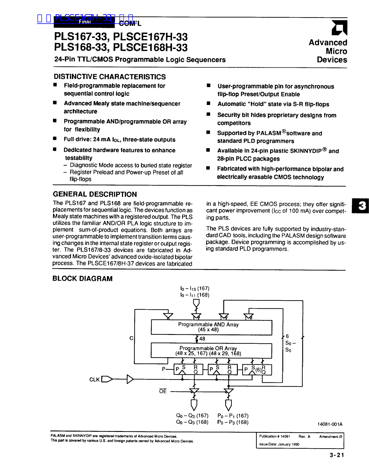 ADVANCED Micro devices PLS167-33, PLSCE167H-33, PLS168-33, PLSCE168H-33 Service Manual