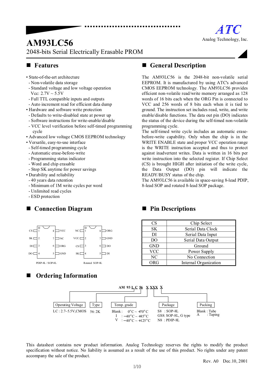 ATC AM93LC56VS8A, AM93LC56VS8, AM93LC56VN8A, AM93LC56VN8, AM93LC56VGS8A Datasheet