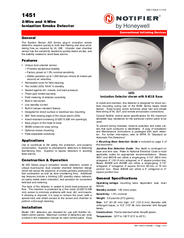 Notifier 1451 4-Wire User Manual