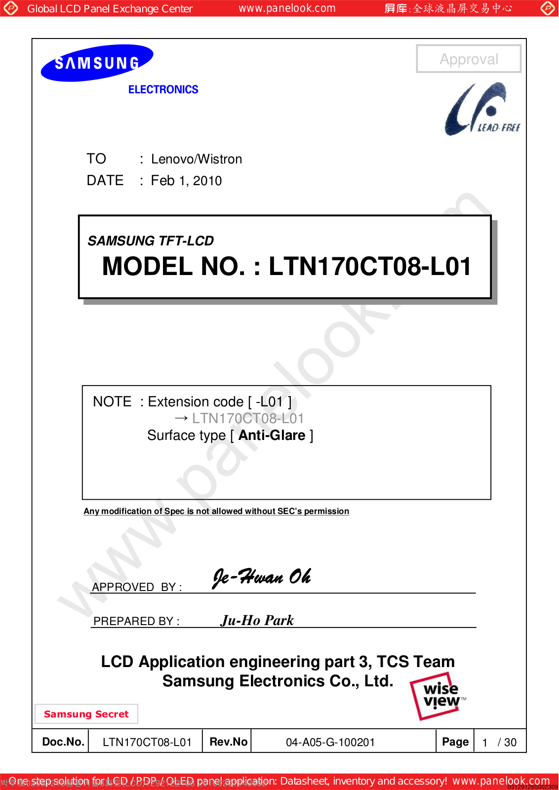 SAMSUNG LTN170CT08-L01 Specification