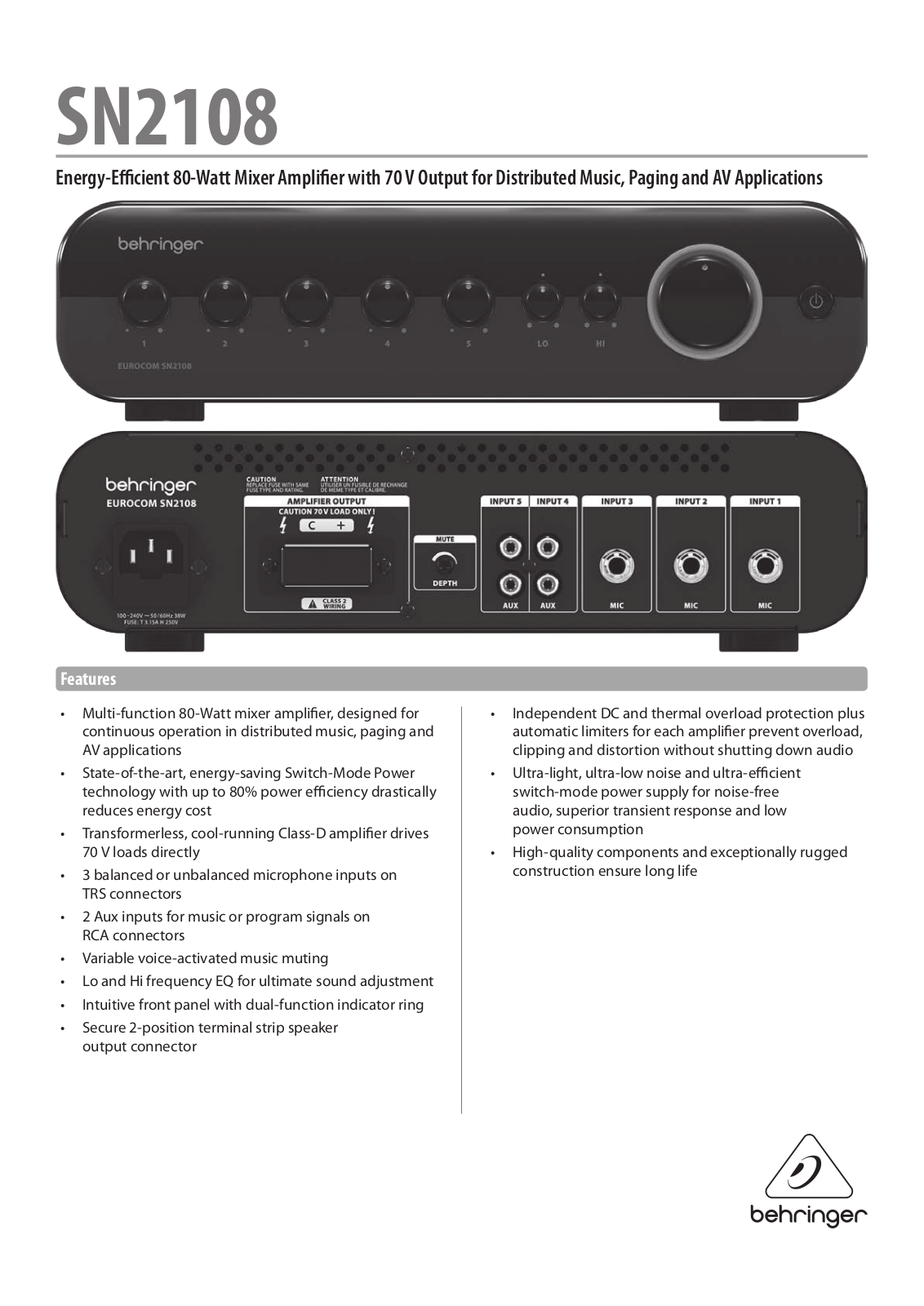 Behringer SN2108 Specification Sheet